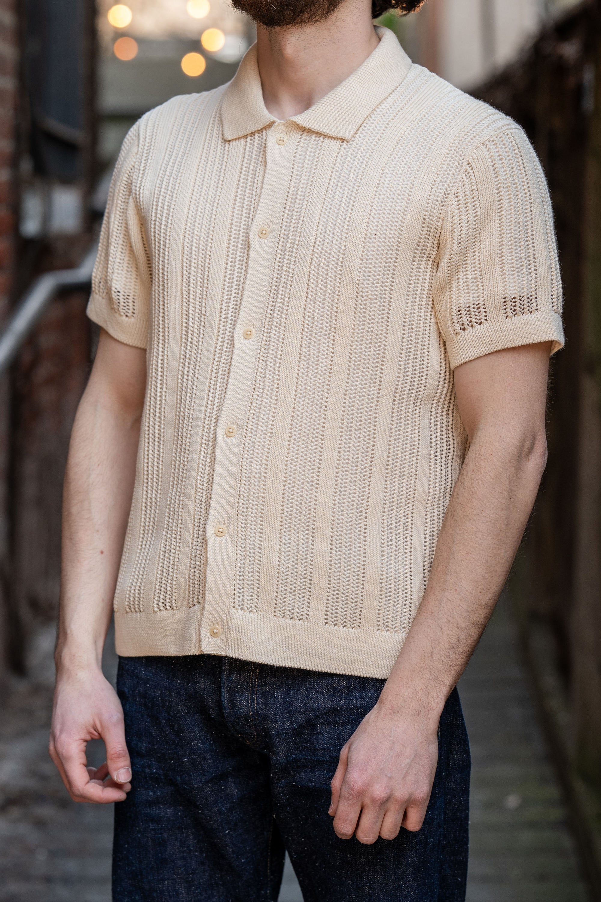 3sixteen Short Sleeve Knit Shirt - Ecru Mesh Stripe