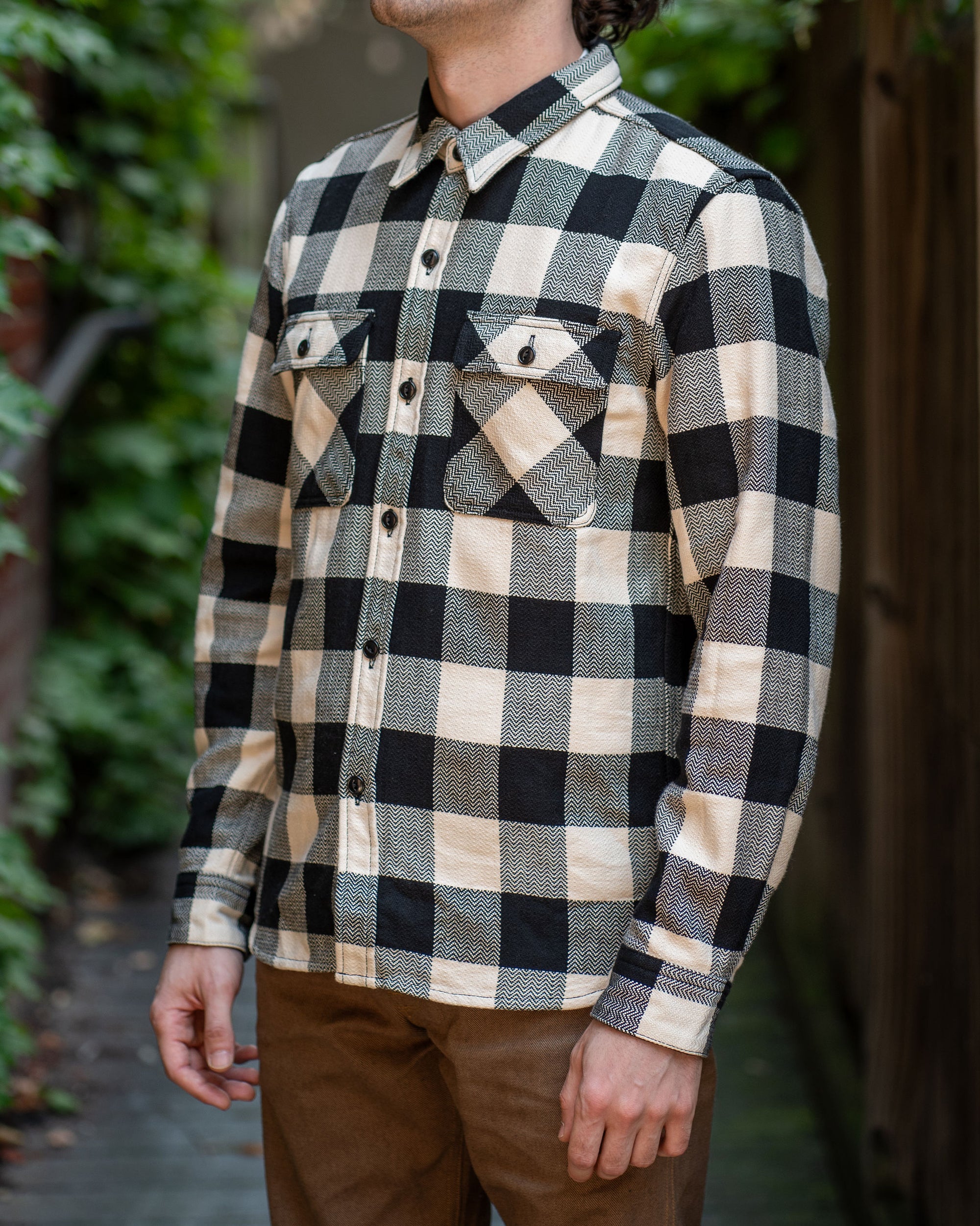 The Flat Head SNR-101L Block Check Flannel Shirt - Ivory/Black