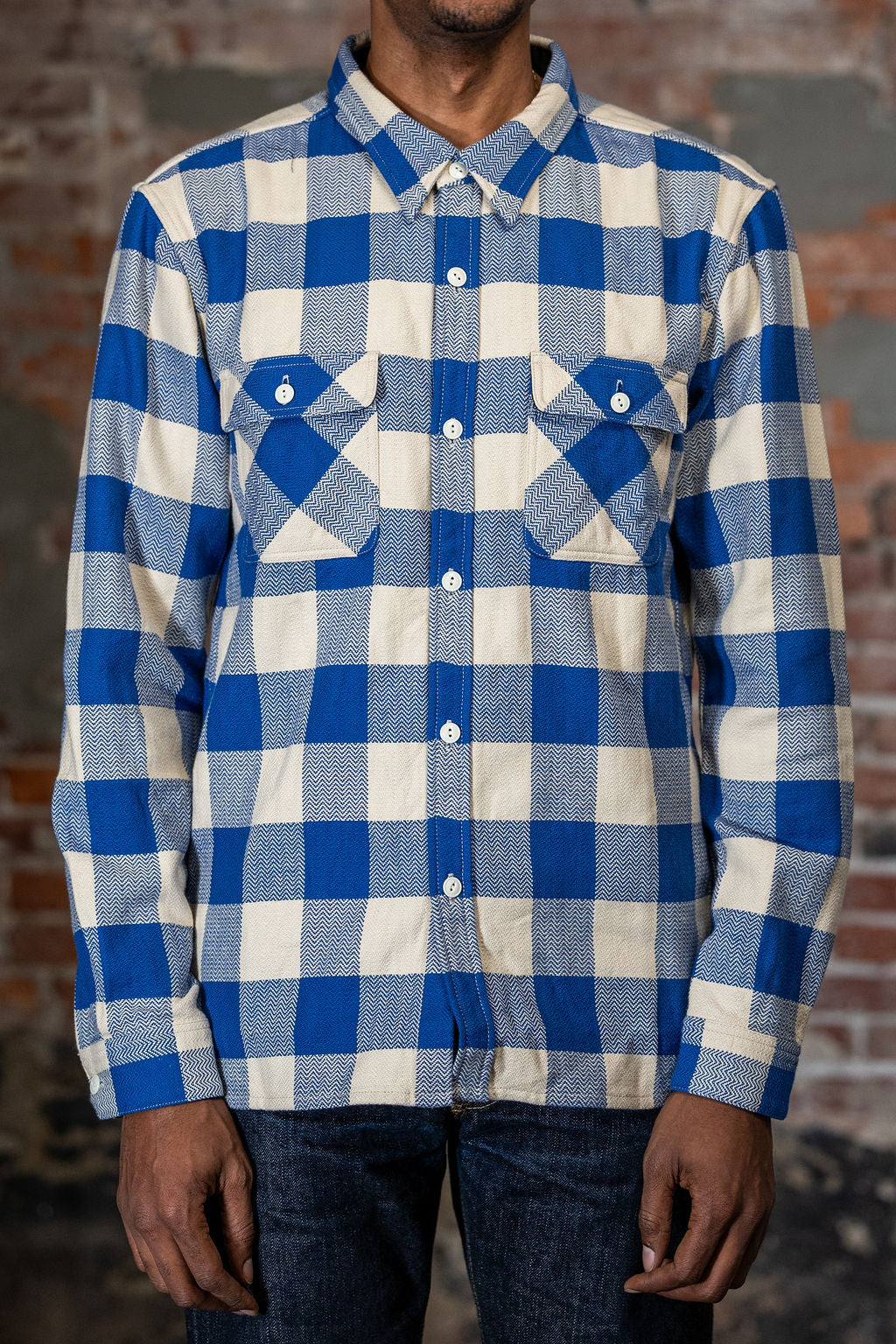 The Flat Head FN-SNR-101L Block Check Flannel Shirt - White/Blue