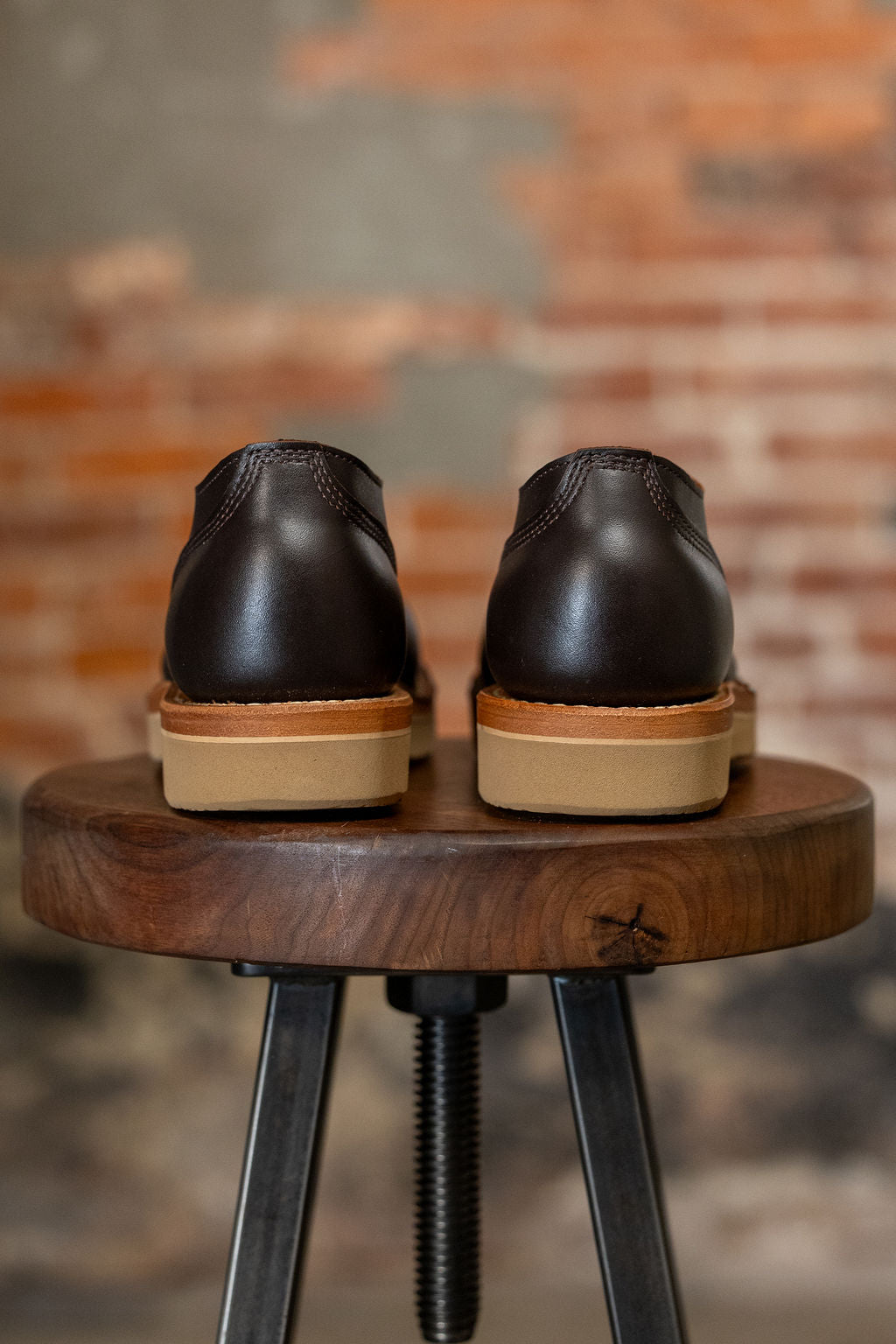 White's Boots x Franklin & Poe LTT Oxford - Brown Dress on wooden tool from the back