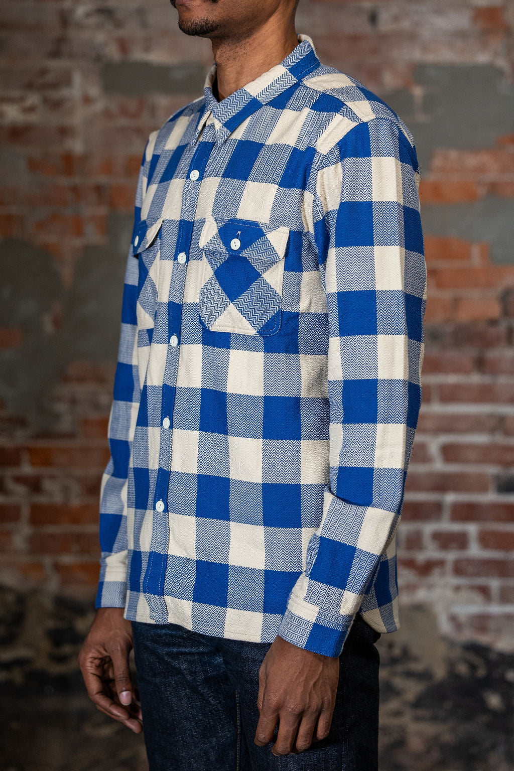 The Flat Head FN-SNR-101L Block Check Flannel Shirt - White/Blue