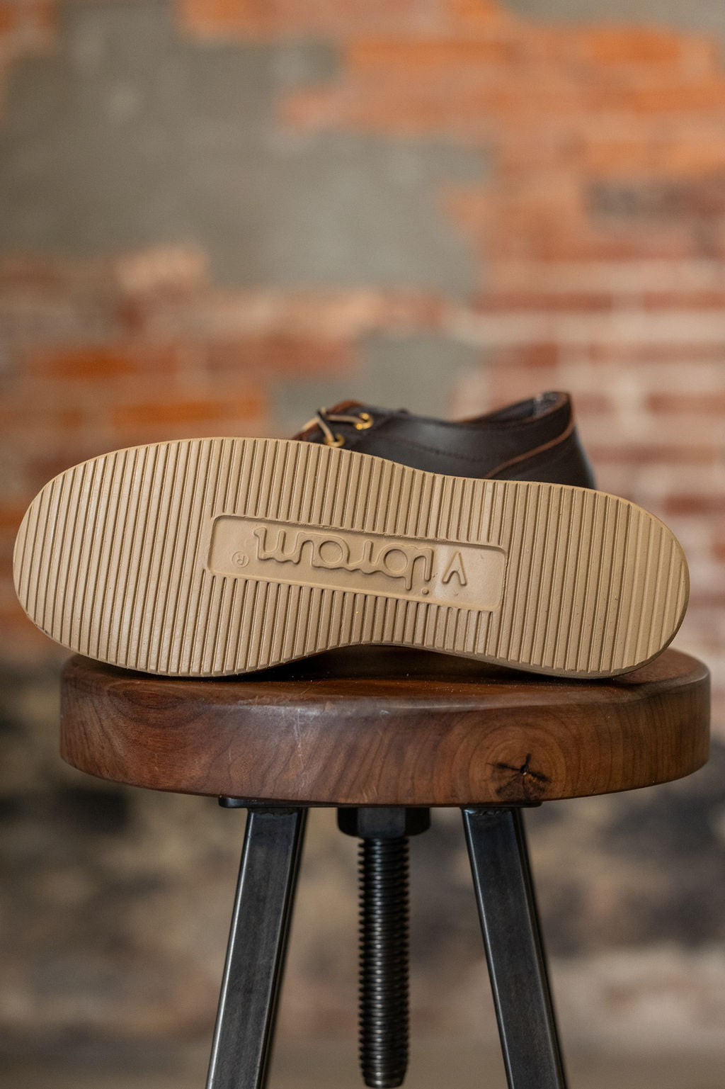 White's Boots x Franklin & Poe LTT Oxford - Brown Dress on wooden , showing Vibram sole