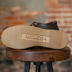White's Boots x Franklin & Poe LTT Oxford - Brown Dress on wooden , showing Vibram sole