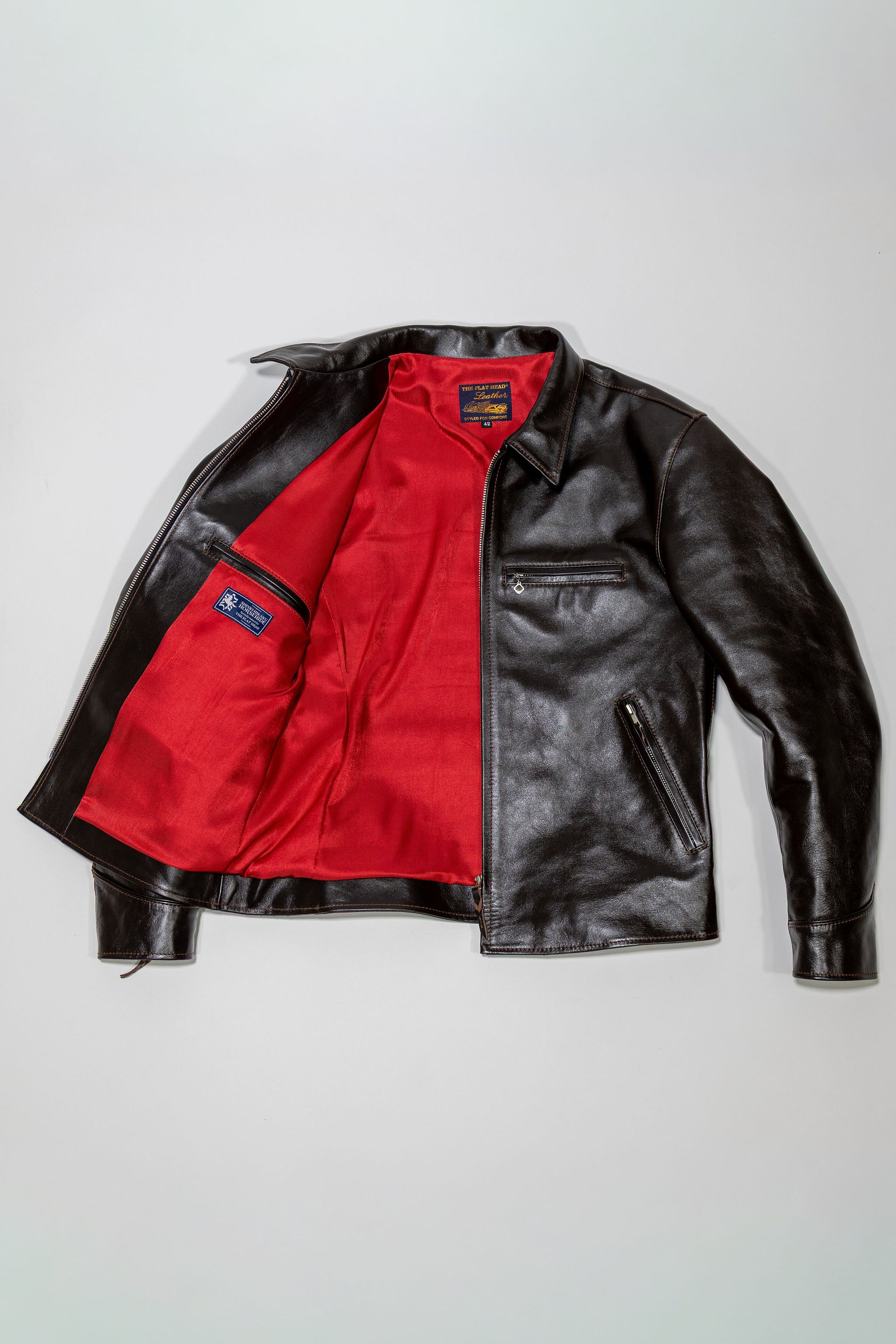 The Flat Head FN-LJ-HS004 Horsehide Quilting Single Riders Jacket  Front Open