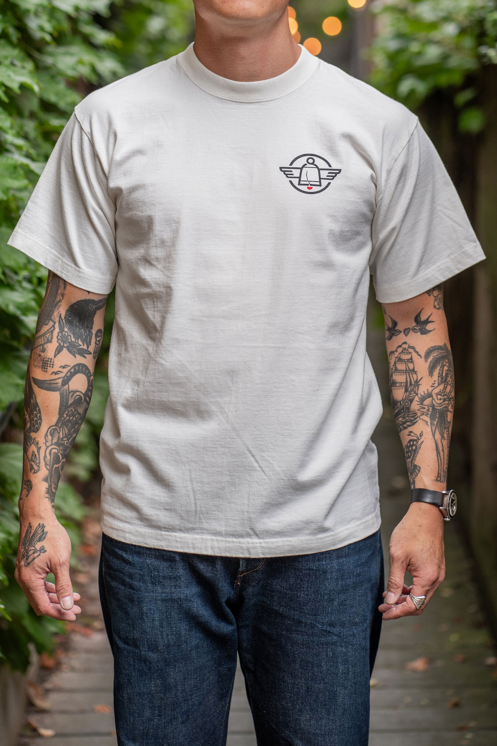 Iron Heart IHPT-FP-WHT 7.5oz Franklin & Poe Printed Loopwheel Crew Neck T-Shirt - White [COLLAB]