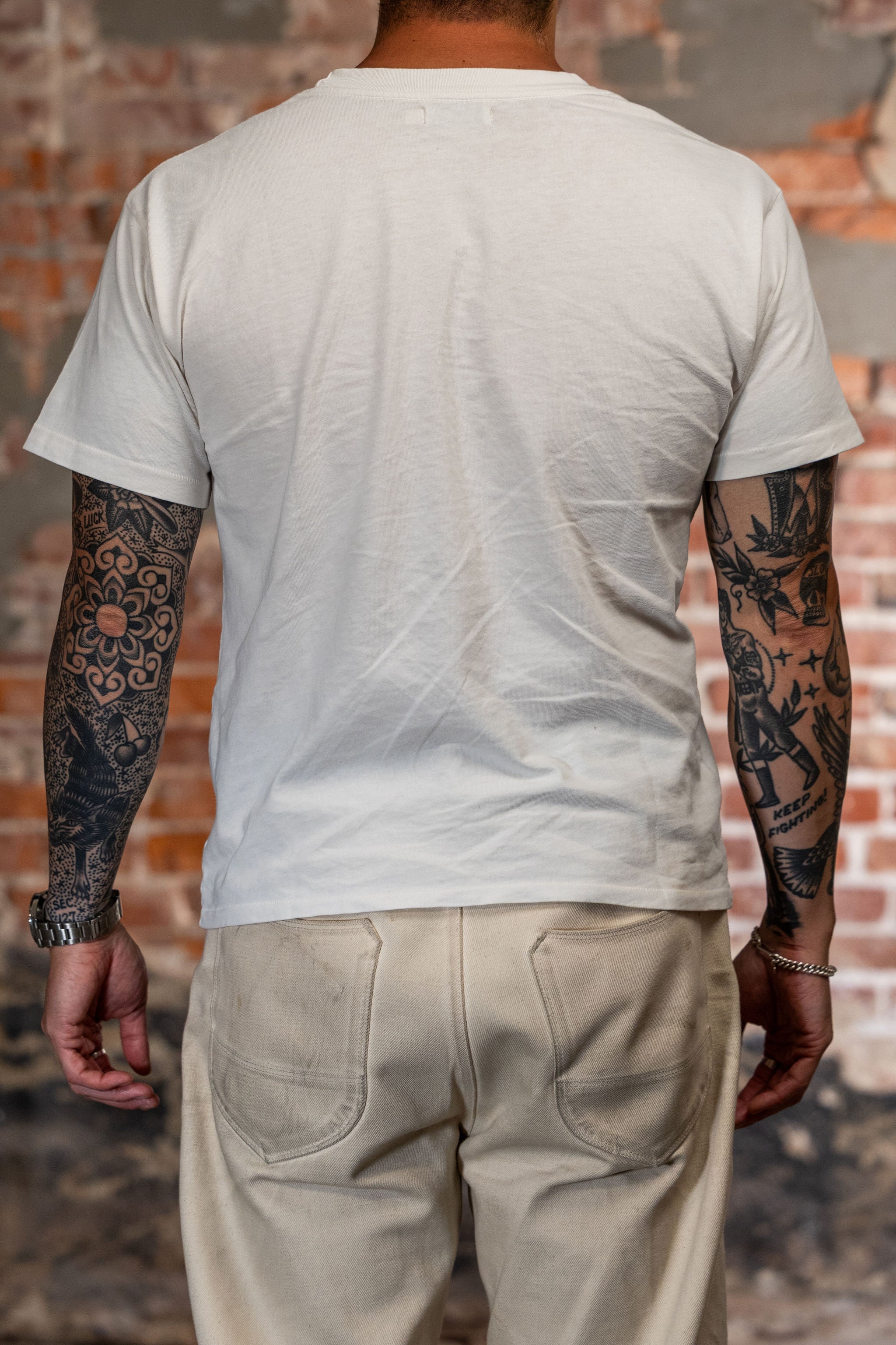 White premium t-shirt back view on model