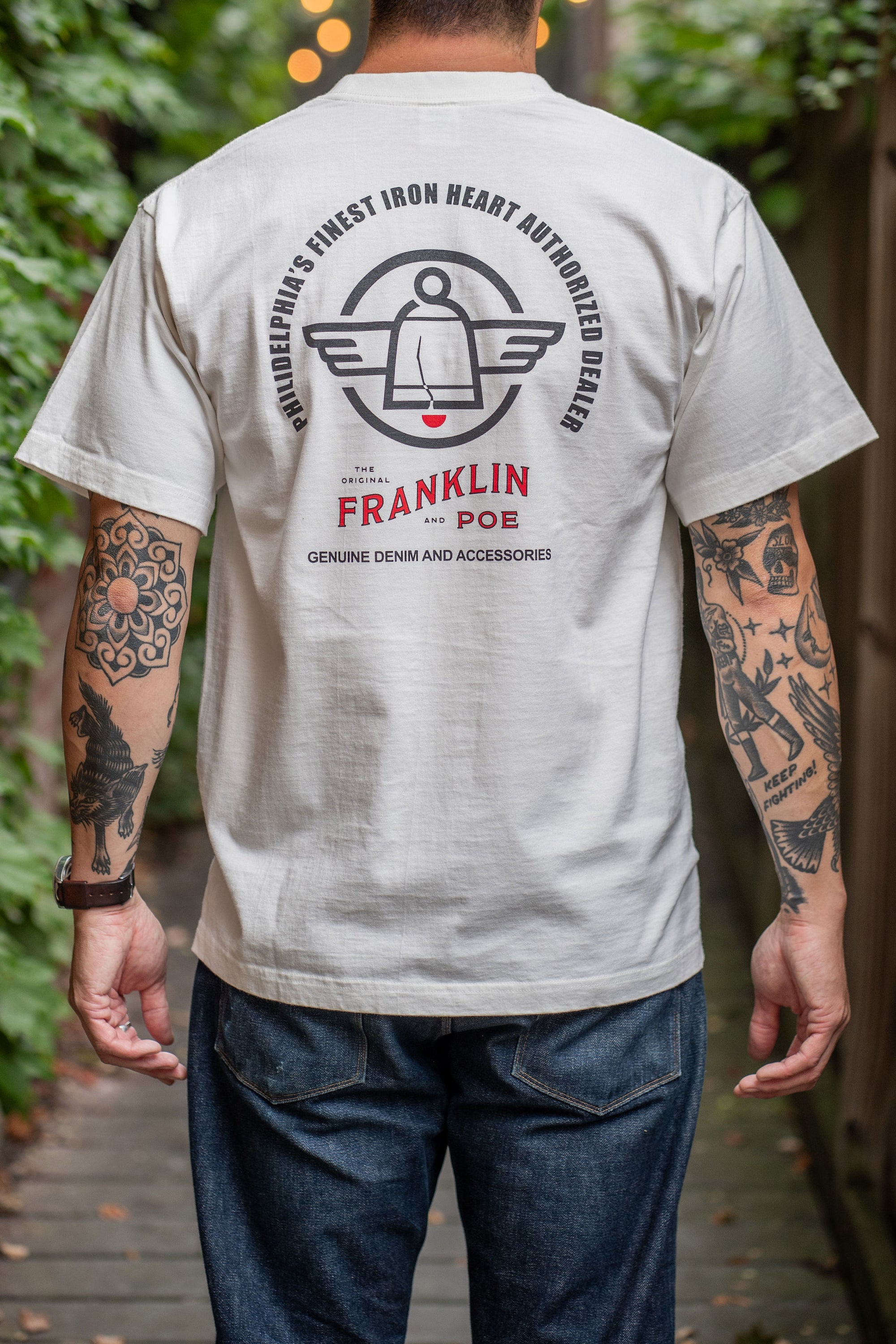 Iron Heart IHPT-FP-WHT 7.5oz Franklin & Poe Printed Loopwheel Crew Neck T-Shirt - White [COLLAB]