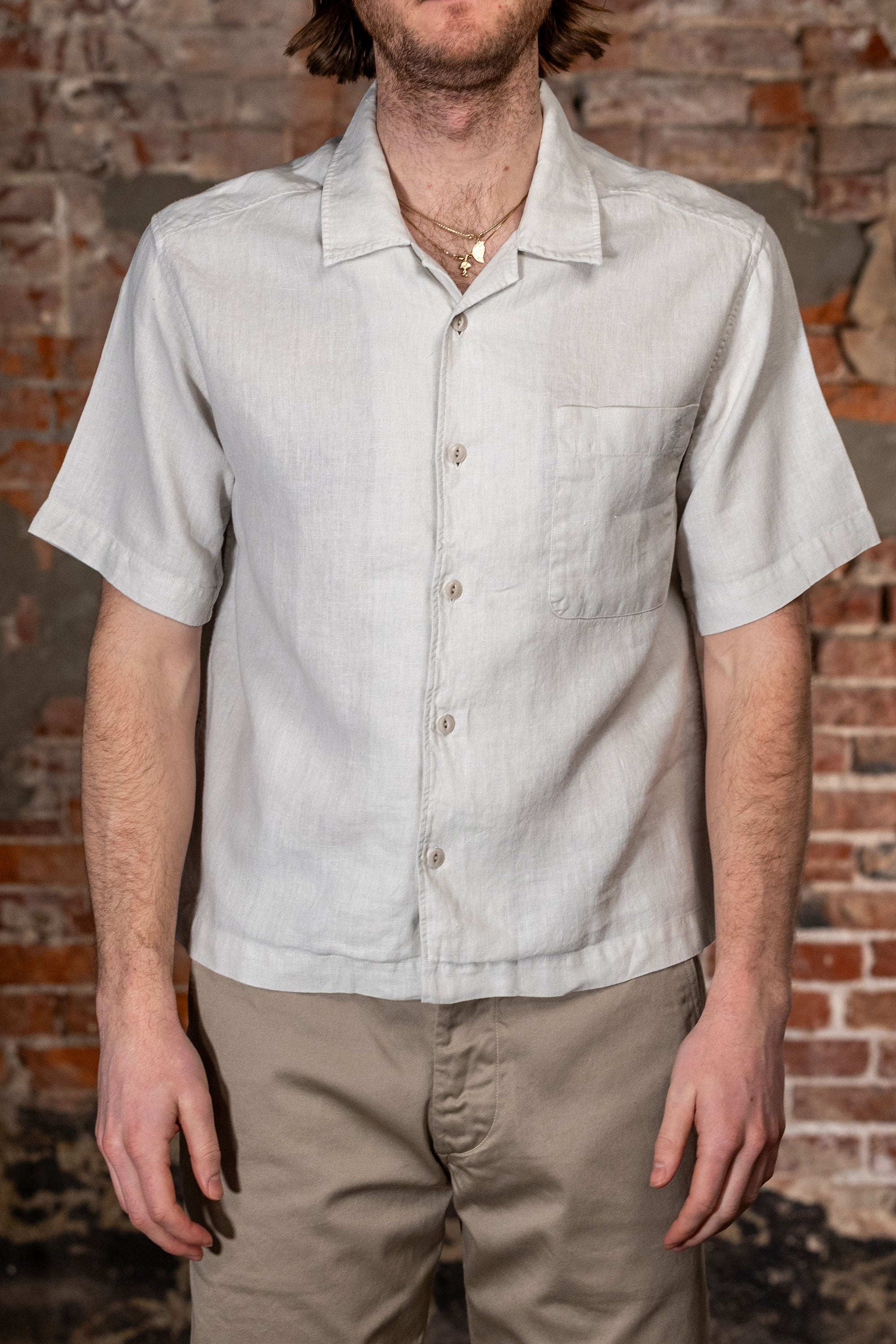 Merz b. Schwanen SHIRT03LI Linen Bowling Shirt - Light Stone