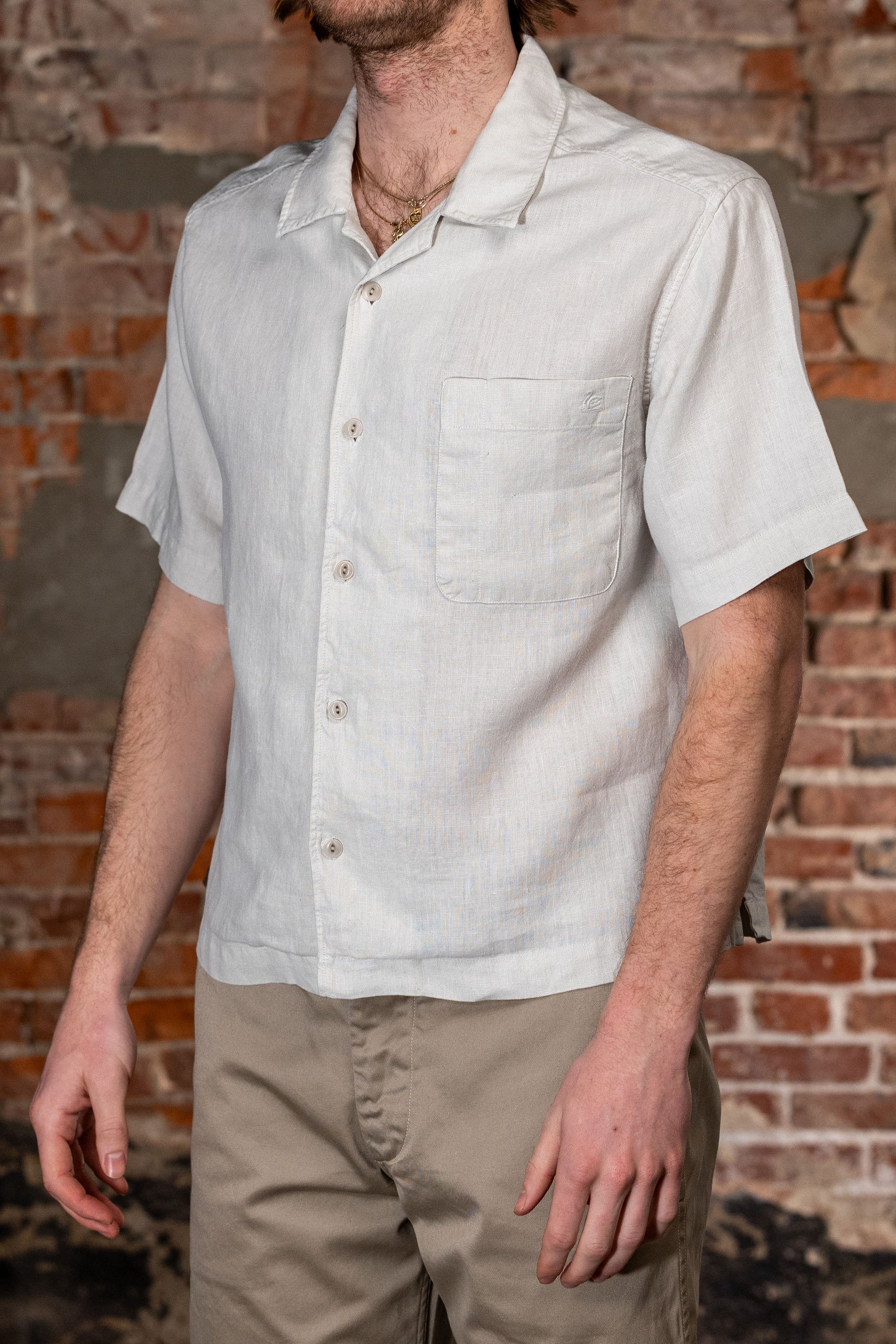Merz b. Schwanen SHIRT03LI Linen Bowling Shirt - Light Stone
