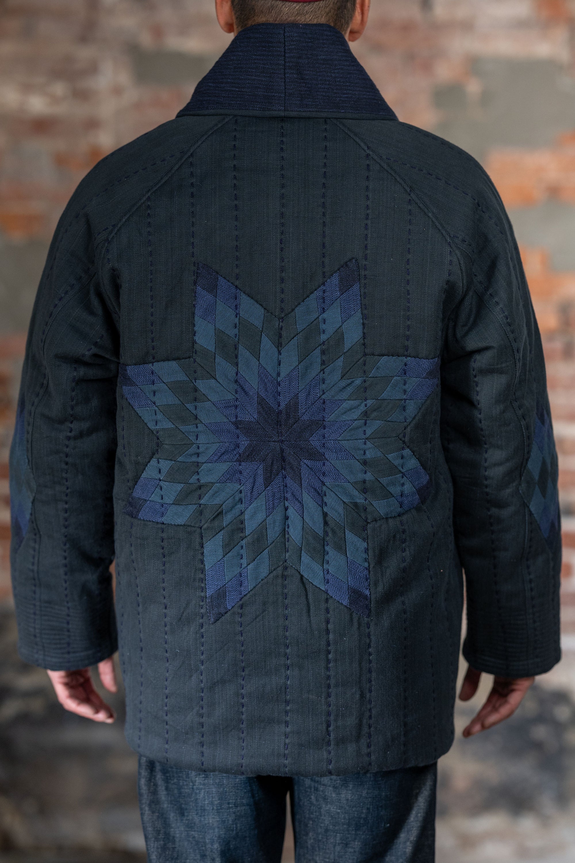Indi + Ash Reversible Morning Shawl Overcoat - Iron/Indigo Handwoven Denim/Embroidered Military Herringbone