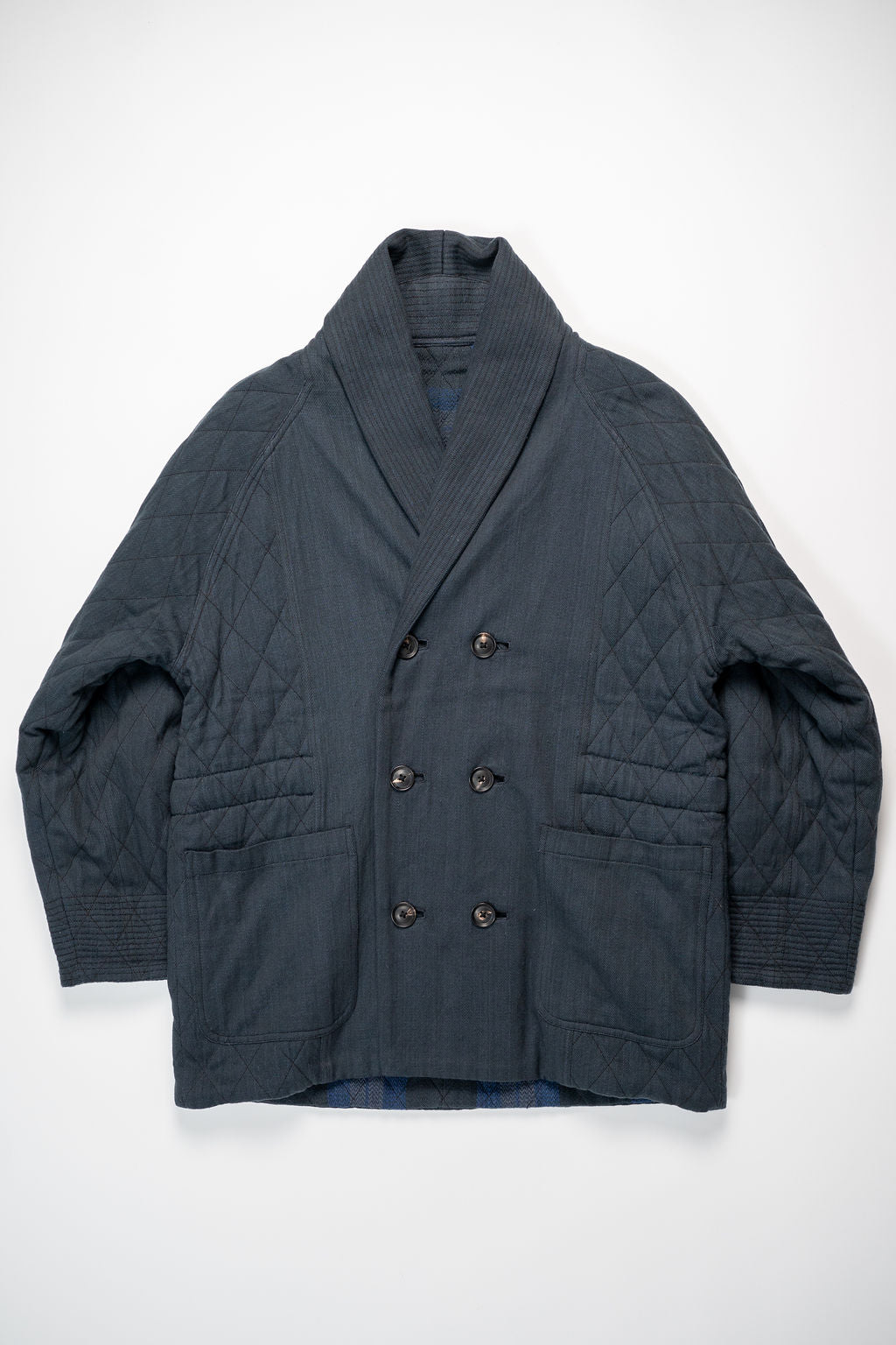 Indi + Ash Reversible Shawl Overcoat - Iron/Indigo Handwoven Denim/Plaid