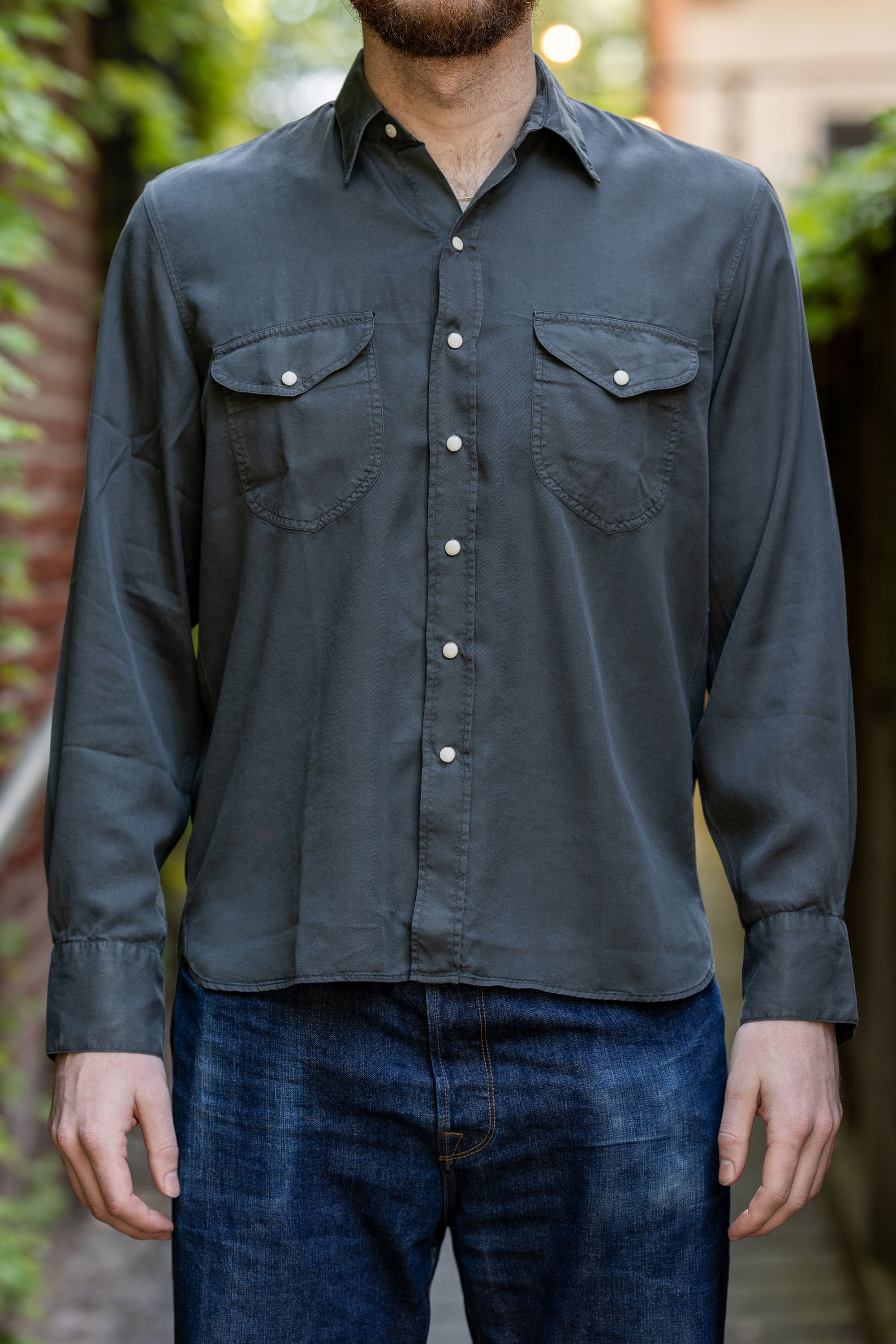 Wythe Tencel Gabardine Pearlsnap Shirt - Faded Black