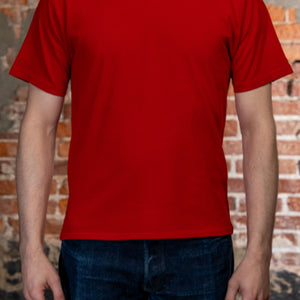 Red premium t-shirt front view on model