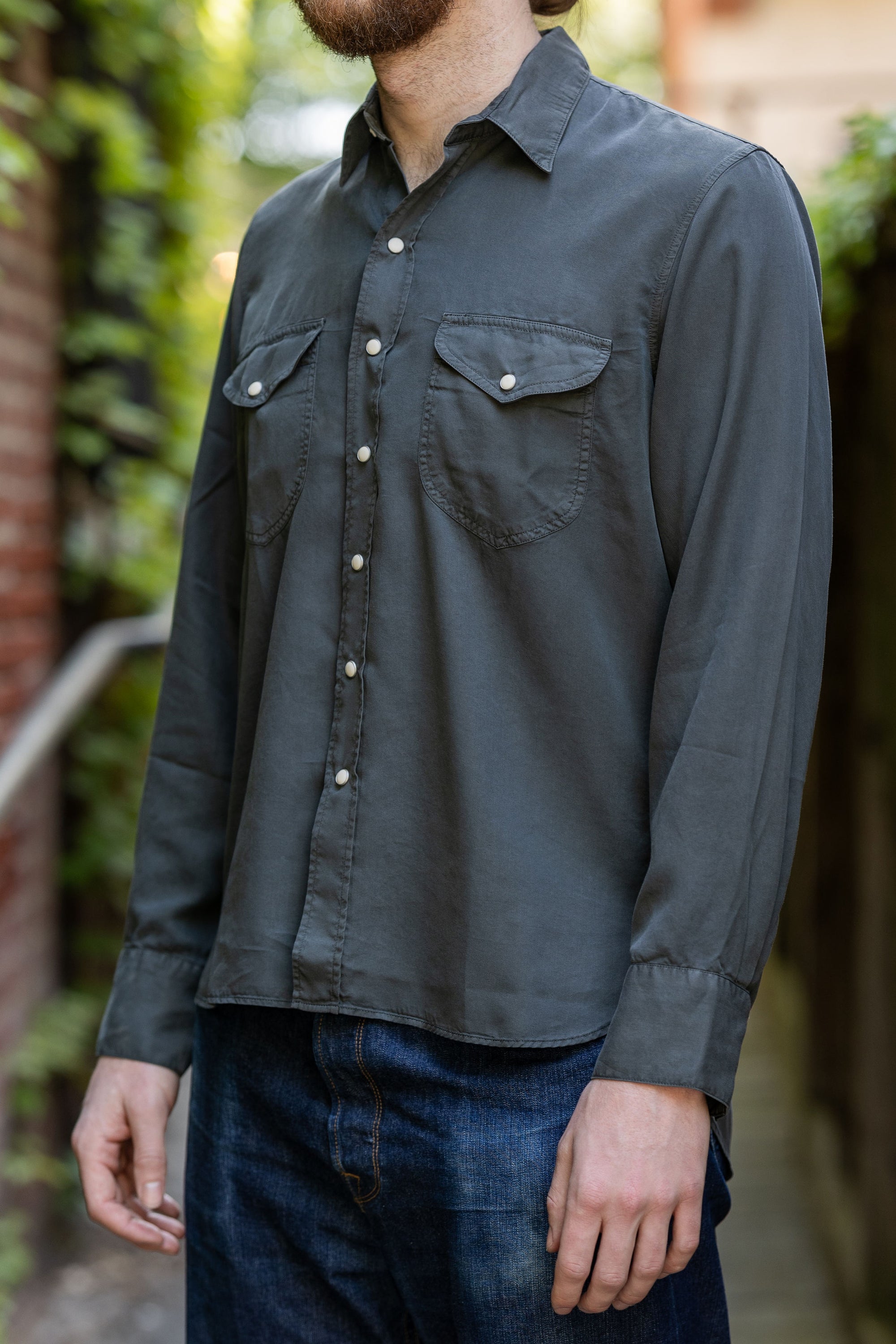 Wythe Tencel Gabardine Pearlsnap Shirt - Faded Black