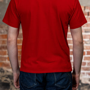 Red premium t-shirt back view on model