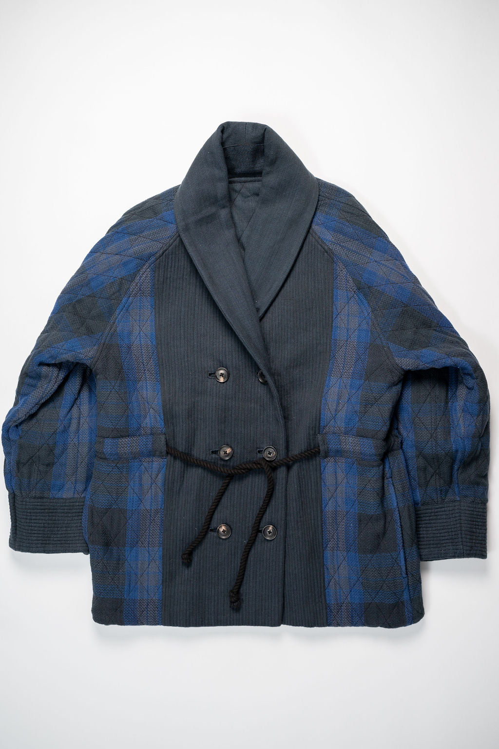 Indi + Ash Reversible Shawl Overcoat - Iron/Indigo Handwoven Denim/Plaid