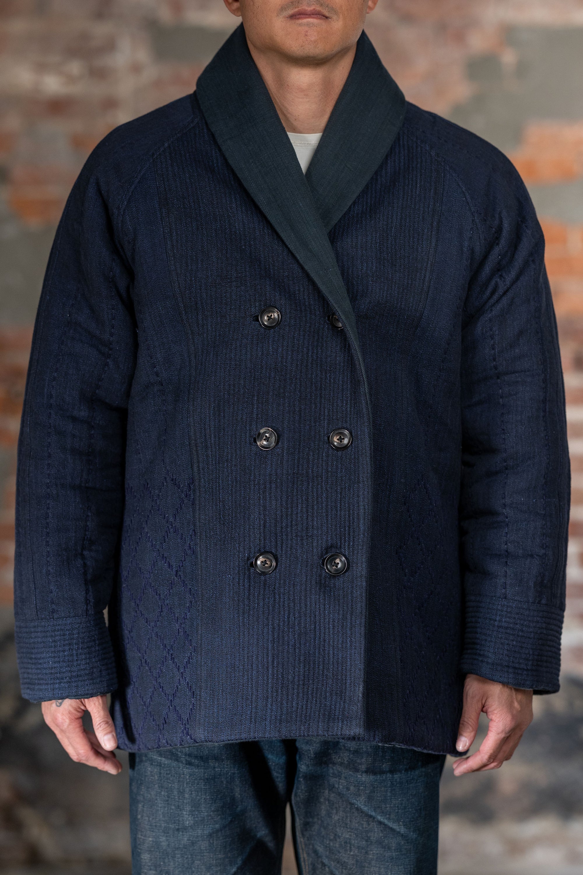 Indi + Ash Reversible Morning Shawl Overcoat - Iron/Indigo Handwoven Denim/Embroidered Military Herringbone