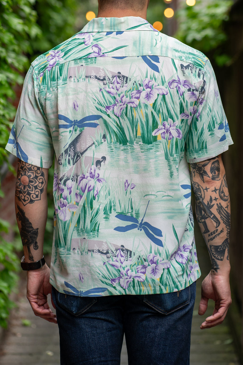 Sun Surf Rayon Hawaiian Shirt "Iris & Dragonfly" - Blue