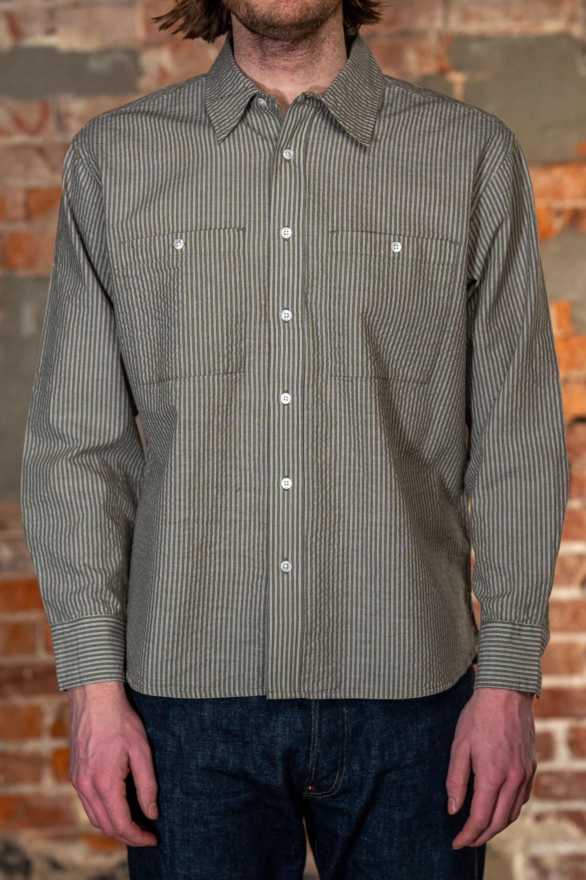 3sixteen Commuter Shirt - Olive Seersucker Stripe