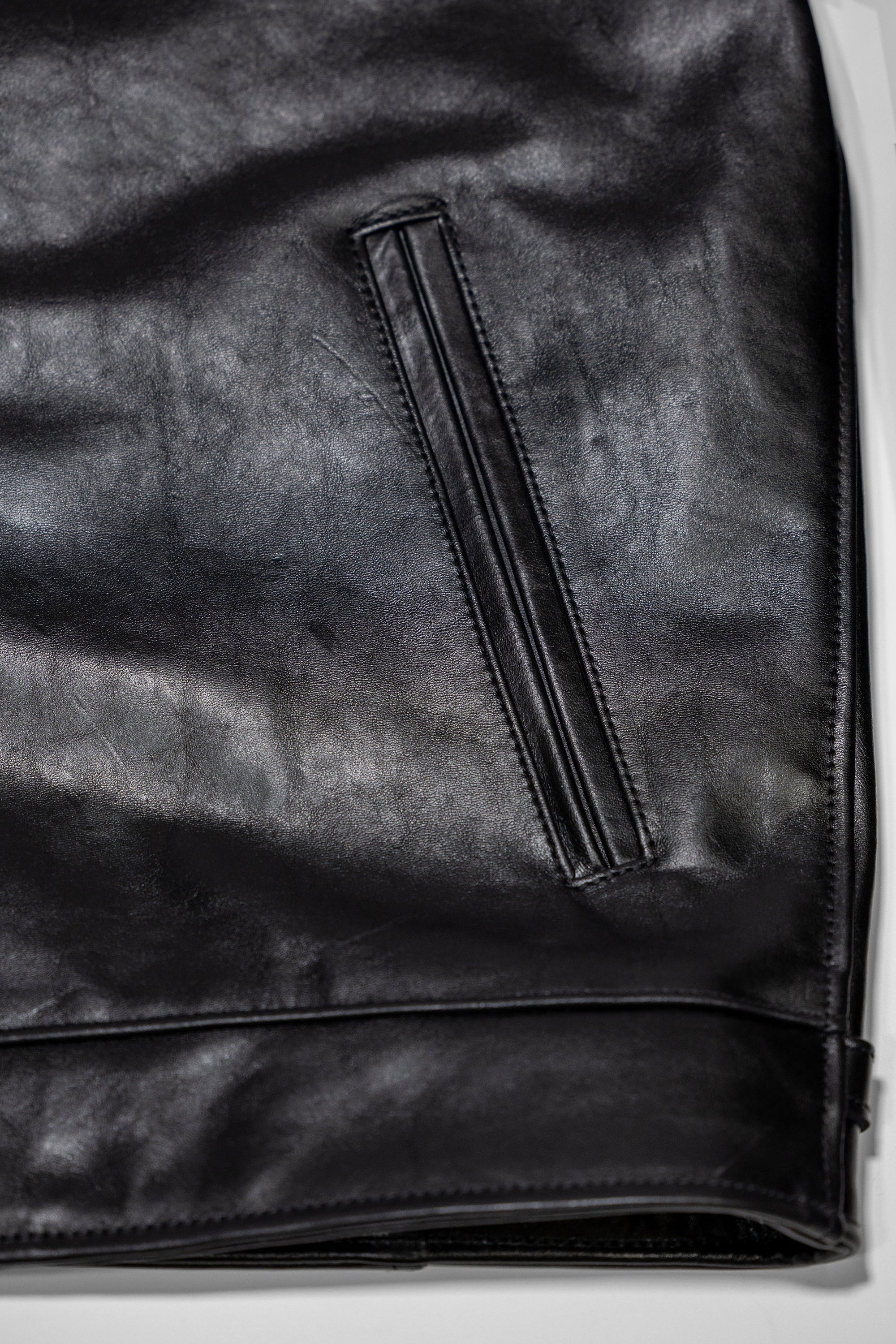 Black leather jacket laid flat on white. Detail on hand warmer pocket 