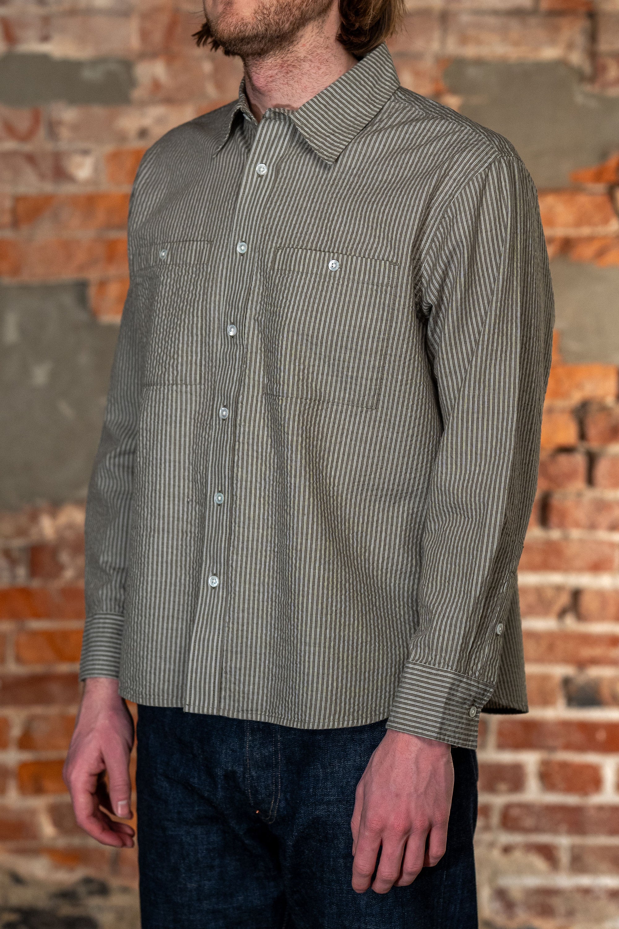 3sixteen Commuter Shirt - Olive Seersucker Stripe