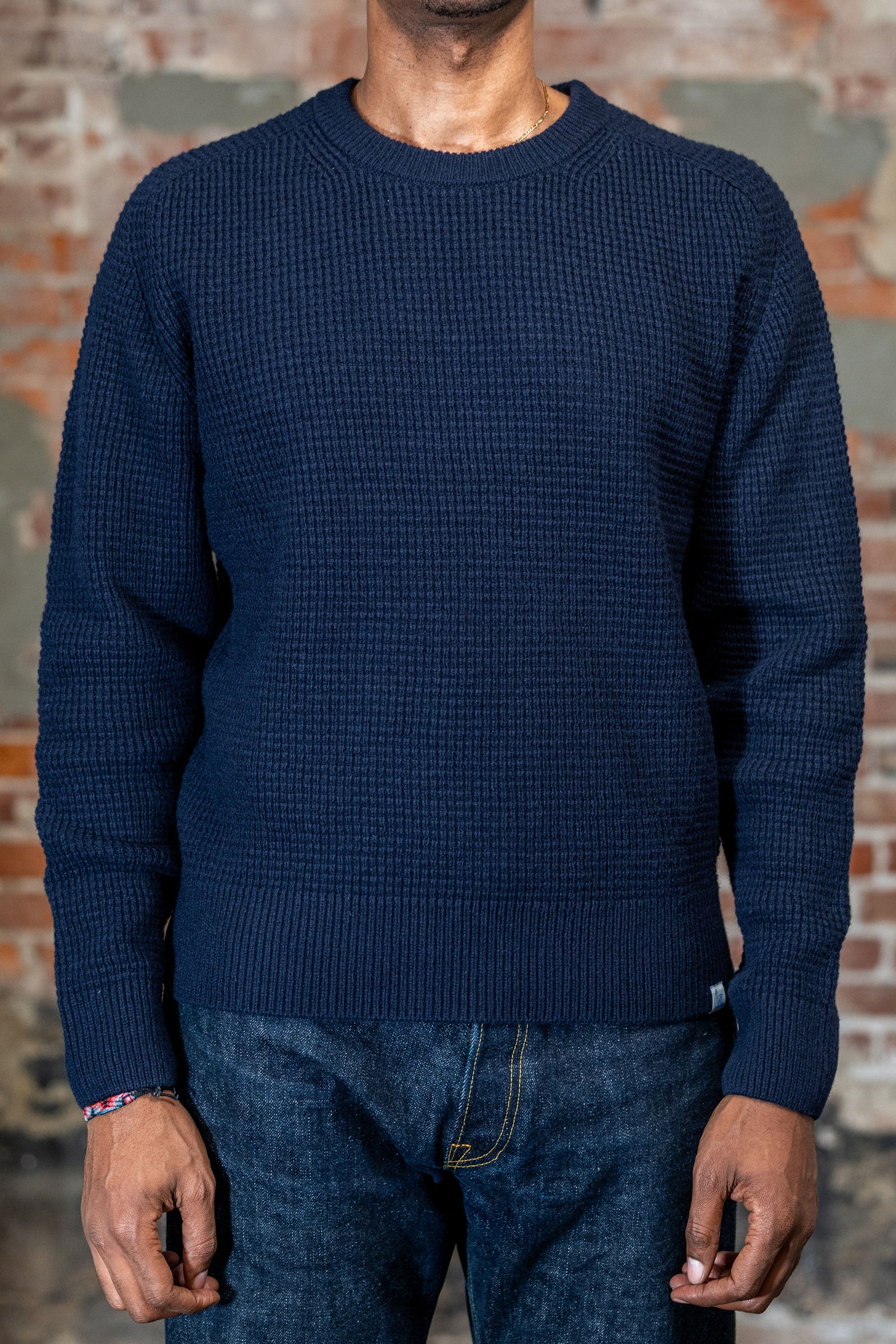 Merz b. Schwanen BLADE02 Merino Wool-Cashmere Waffle Structured Pullover - Dark Navy