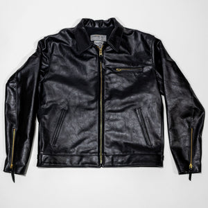 Black leather jacket laid flat on white. Shot from the front.