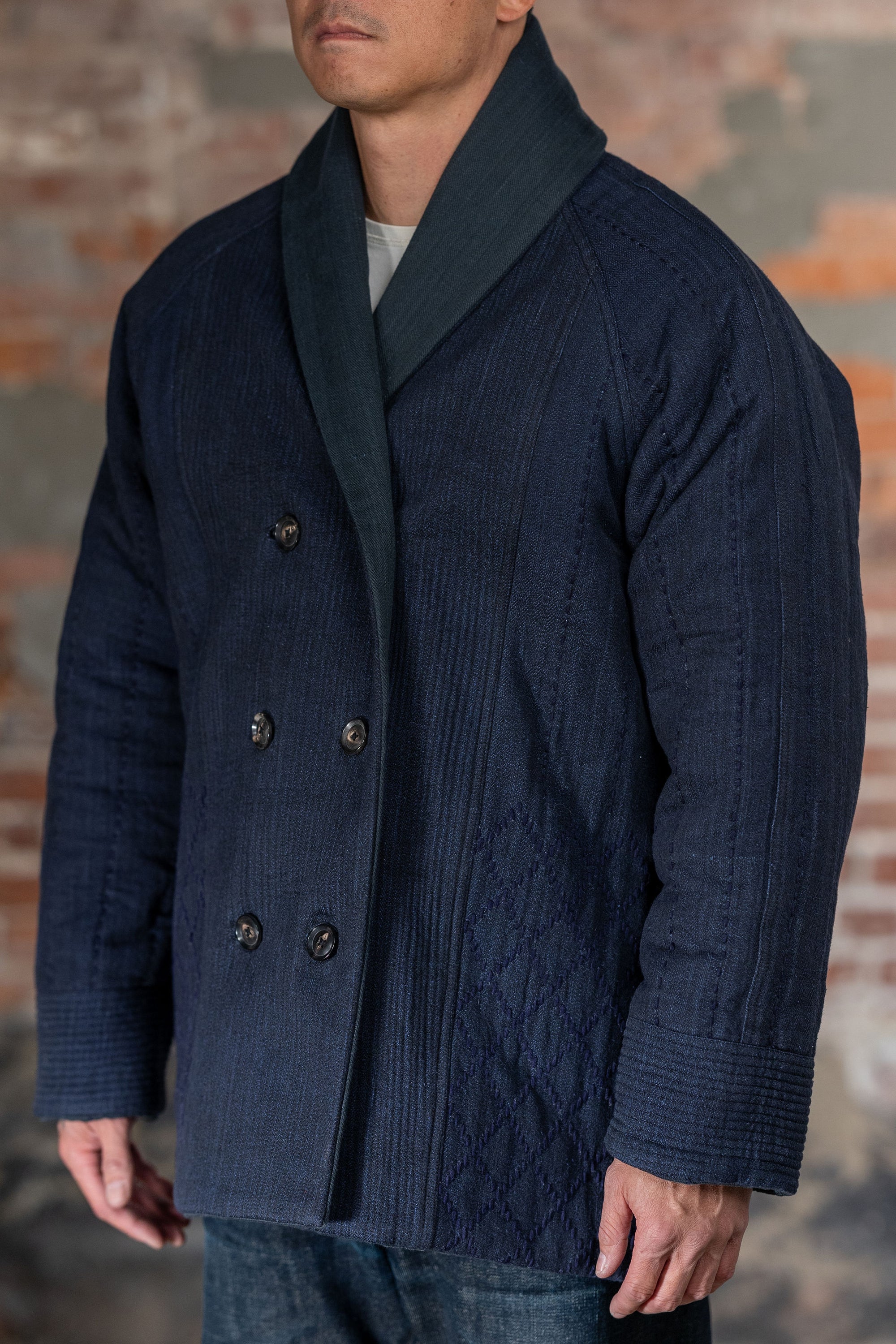 Indi + Ash Reversible Morning Shawl Overcoat - Iron/Indigo Handwoven Denim/Embroidered Military Herringbone