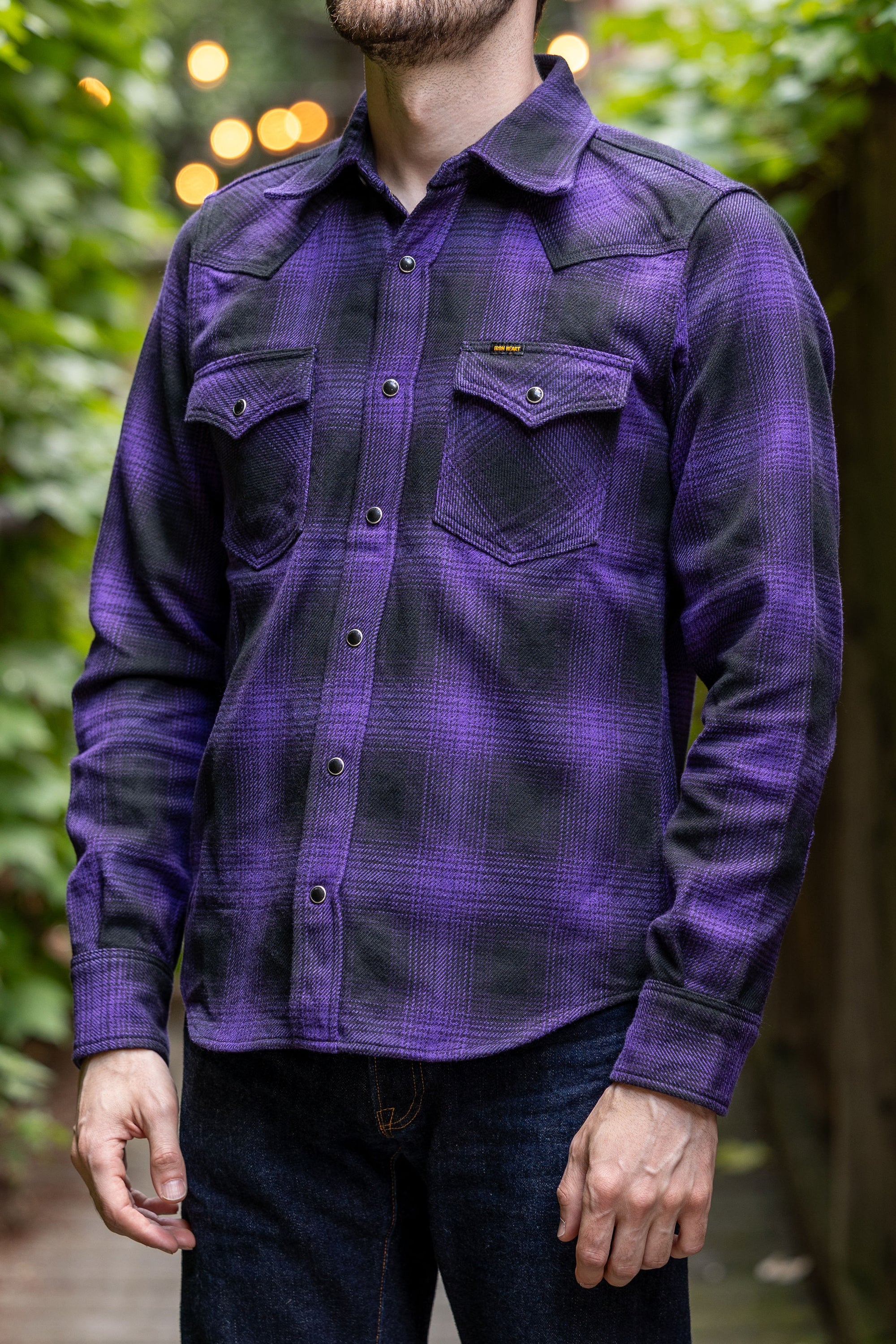 Iron Heart IHSH-264-PUR - Ultra Heavy Flannel Ombré Check Western Shirt - Purple/Black