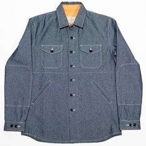 Dehen 1920 Crissman Overshirt - Indigo Herringbone Bull Denim on laid flat from the front
