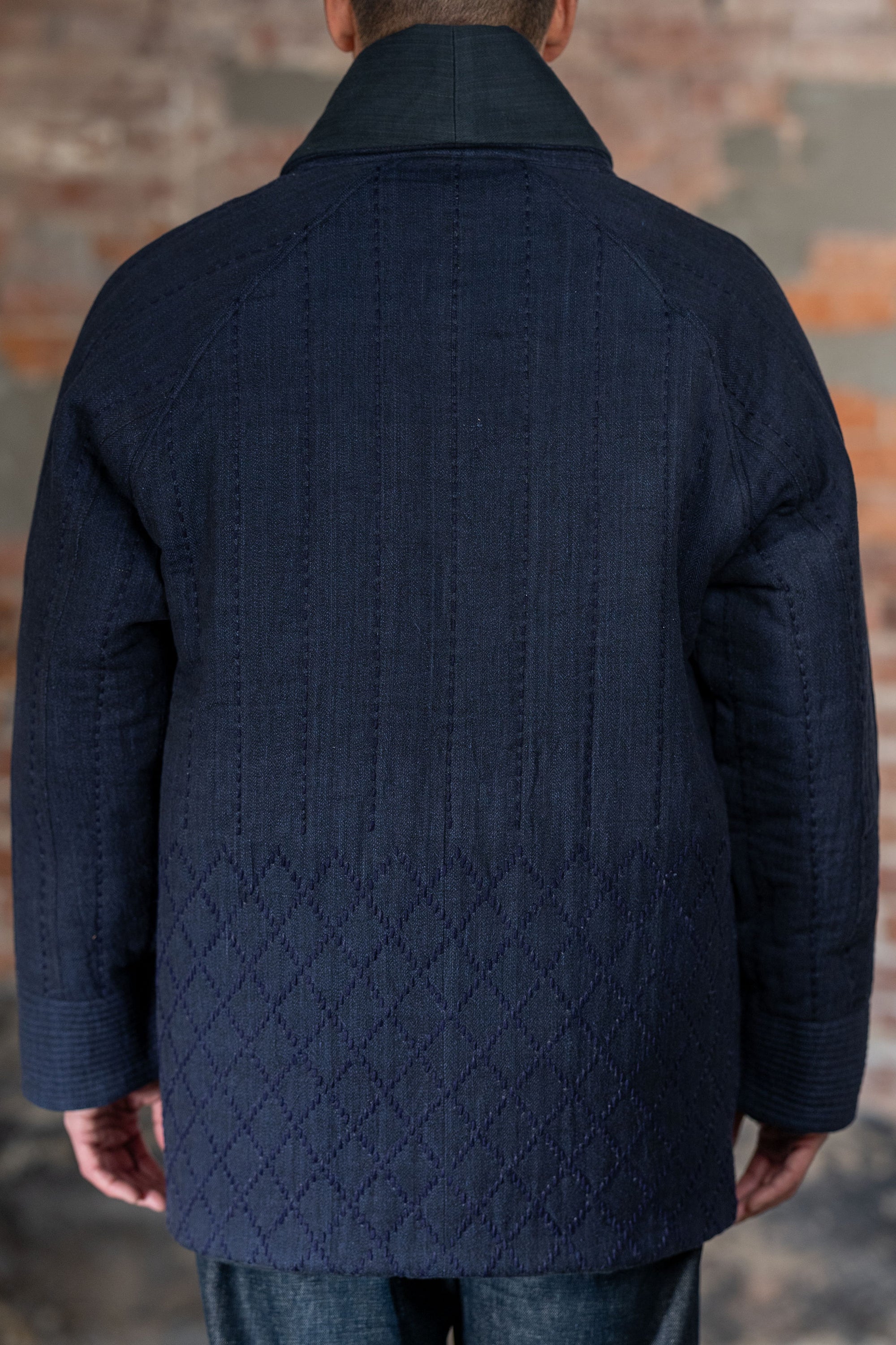 Indi + Ash Reversible Morning Shawl Overcoat - Iron/Indigo Handwoven Denim/Embroidered Military Herringbone