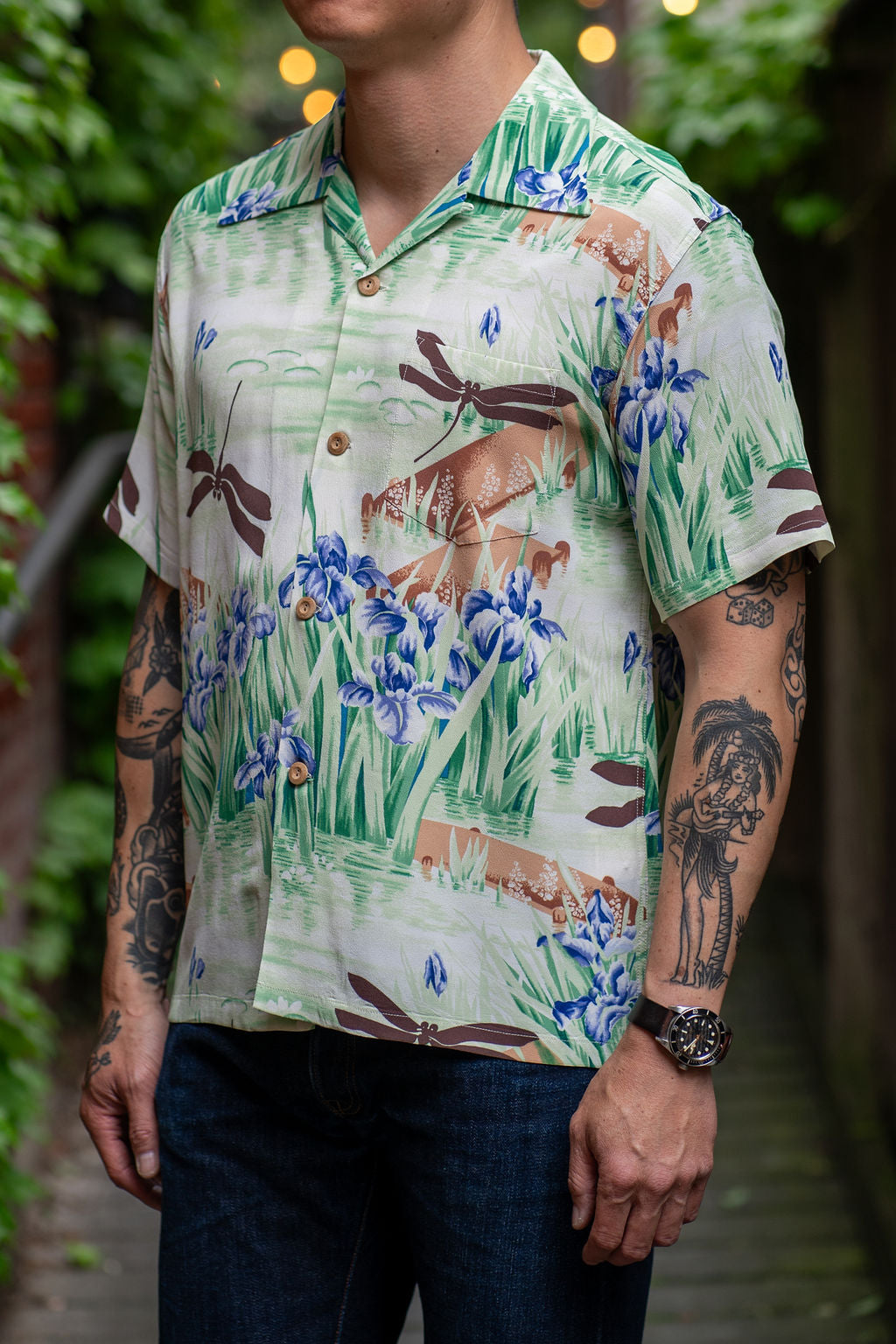 Sun Surf Rayon Hawaiian Shirt "Iris & Dragonfly" - Brown