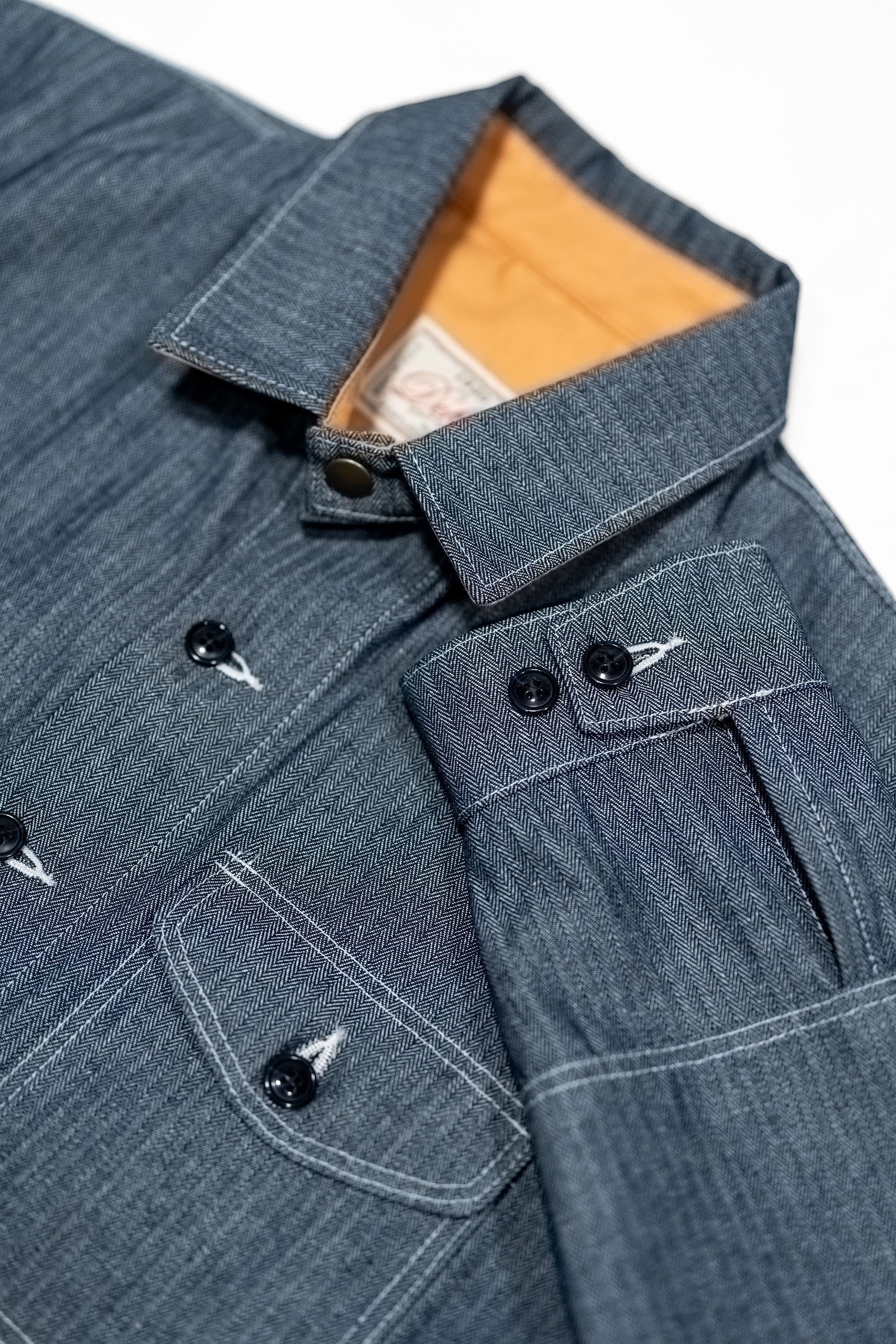 Dehen 1920 Crissman Overshirt - Indigo Herringbone Bull Denim on laid flat details on collar, sleeve & buttons