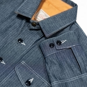 Dehen 1920 Crissman Overshirt - Indigo Herringbone Bull Denim on laid flat details on collar, sleeve & buttons
