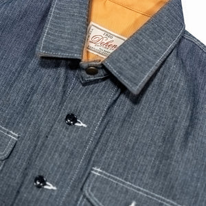 Dehen 1920 Crissman Overshirt - Indigo Herringbone Bull Denim on laid flat close up on collar