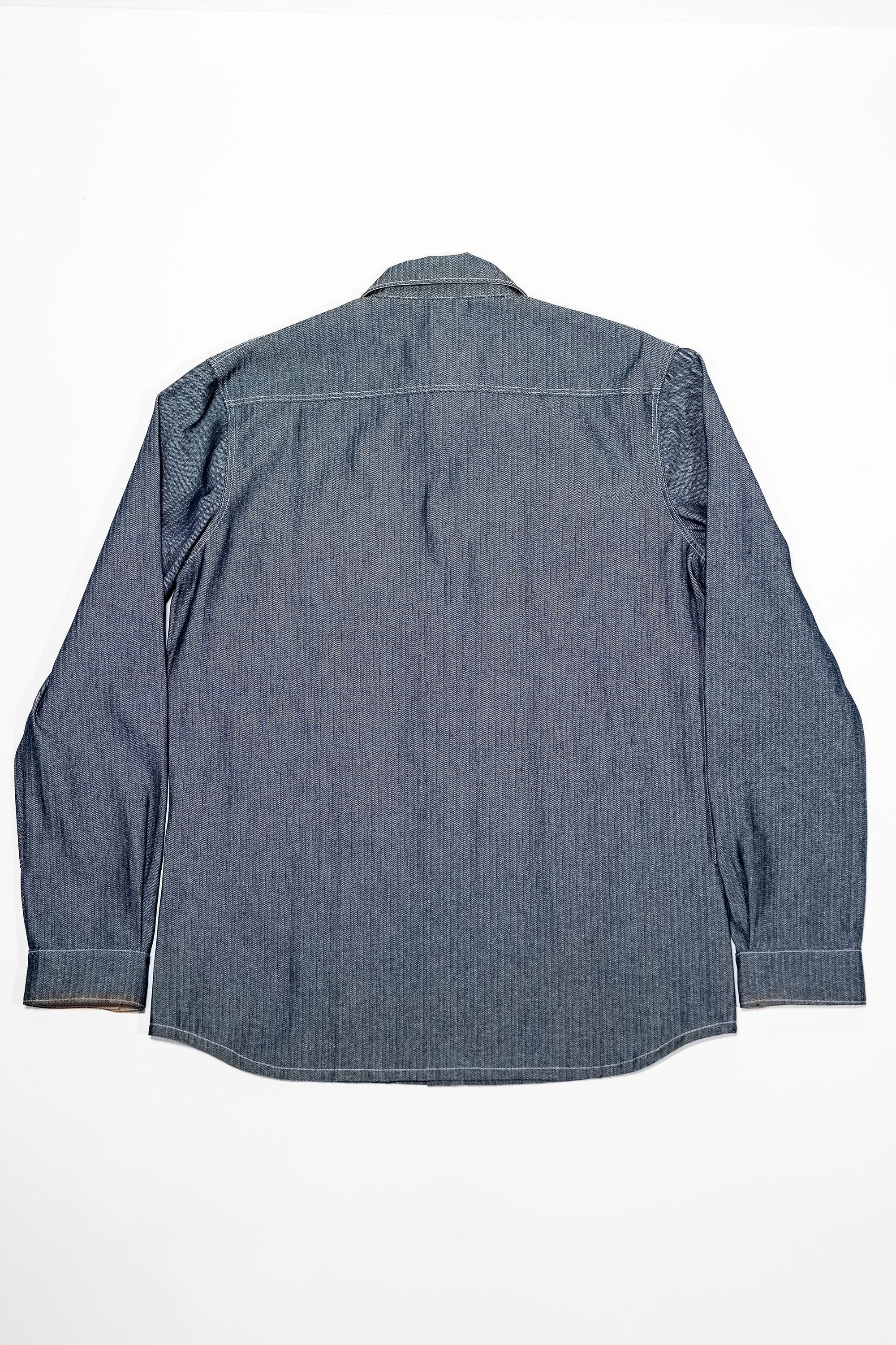 Dehen 1920 Crissman Overshirt - Indigo Herringbone Bull Denim on laid flat from the back