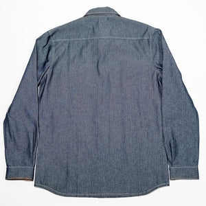 Dehen 1920 Crissman Overshirt - Indigo Herringbone Bull Denim on laid flat from the back
