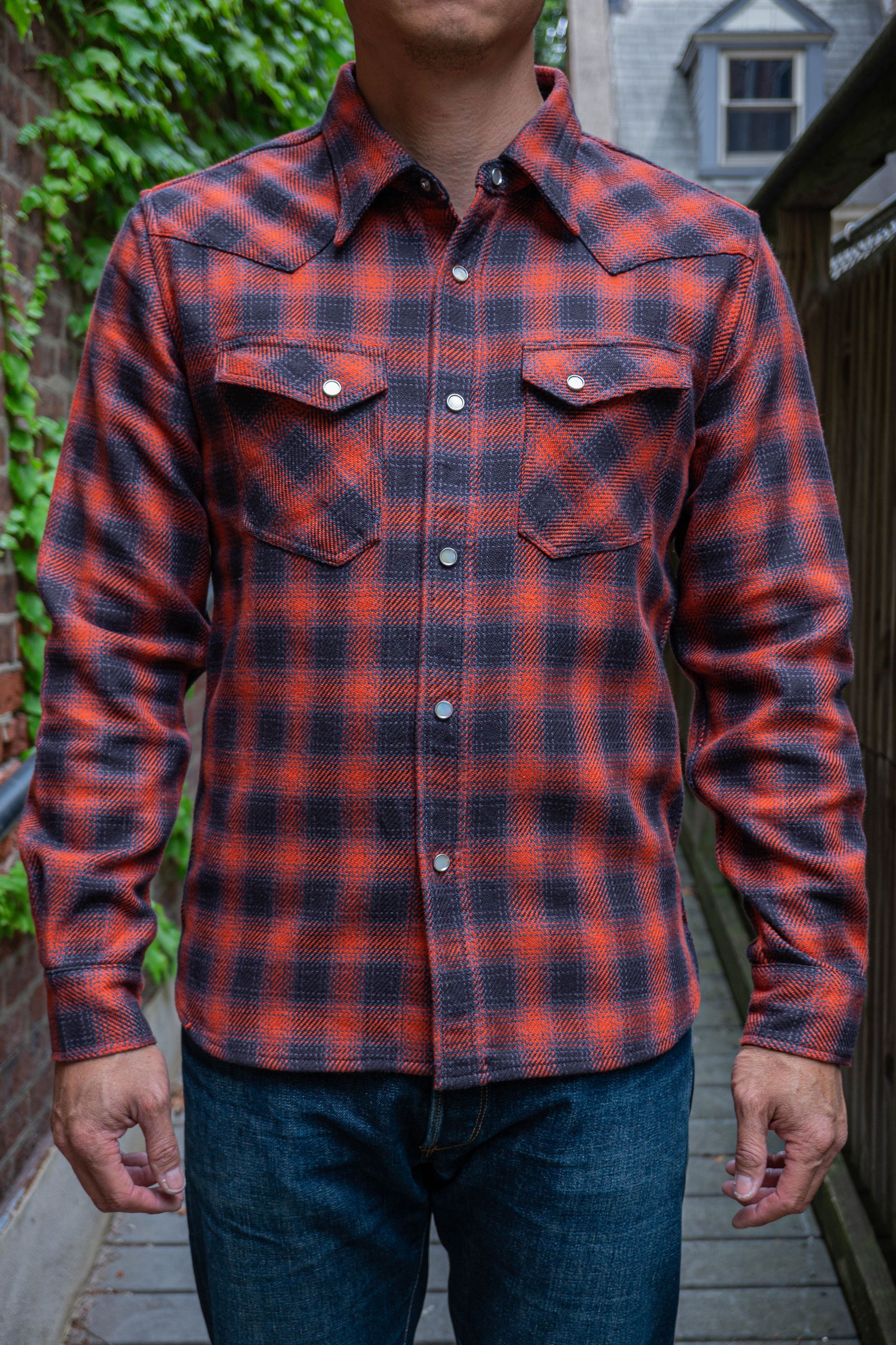 The Flat Head SNW-005L Block Check Ombre Western Flannel Shirt - Red/Black