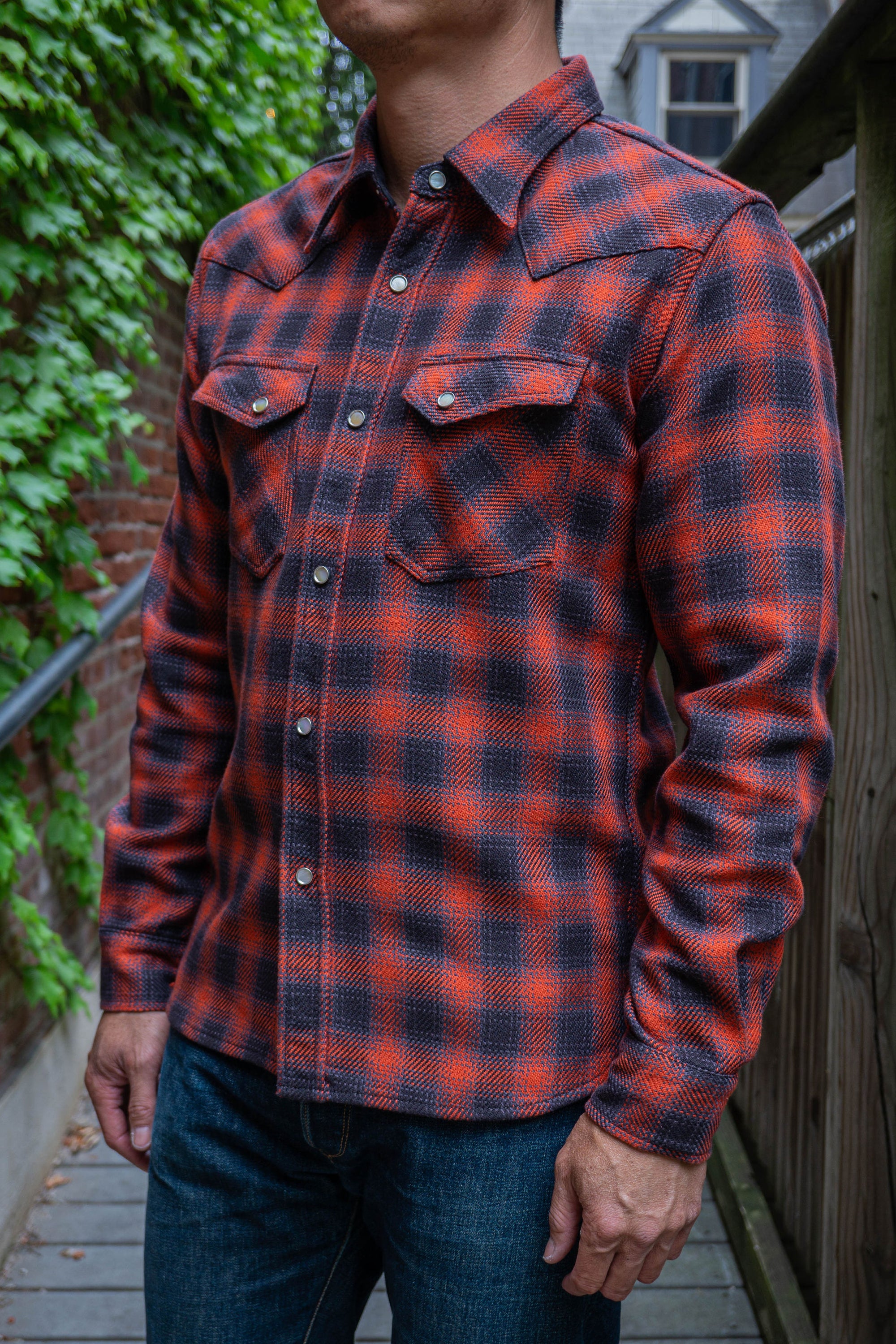 The Flat Head SNW-005L Block Check Ombre Western Flannel Shirt - Red/Black