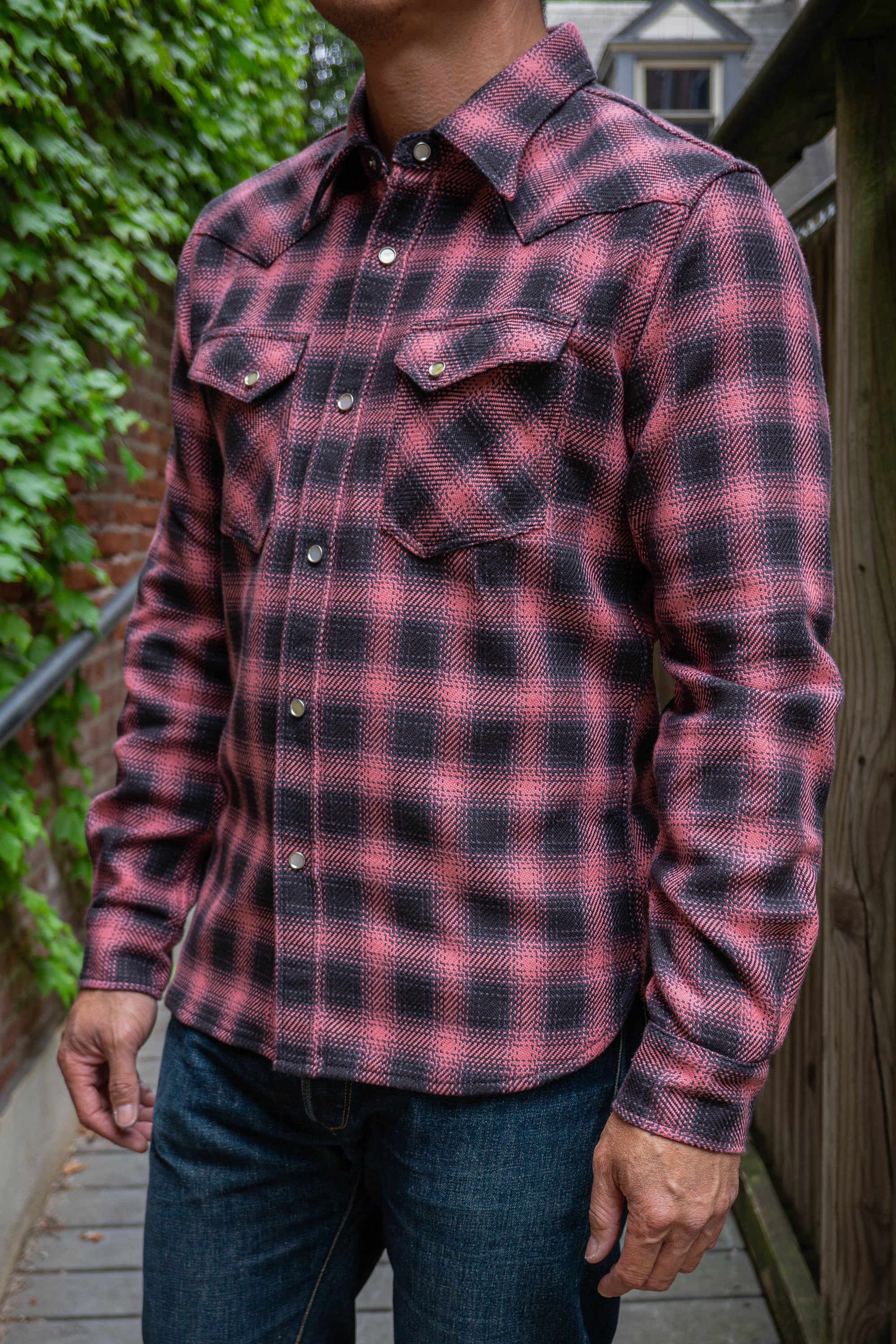 The Flat Head SNW-005L Block Check Ombre Western Flannel Shirt - Pink/Black