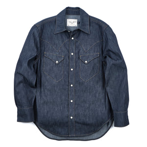 Dark indigo denim western-style shirt with white snaps and two snap chest pockets, laying flat front view