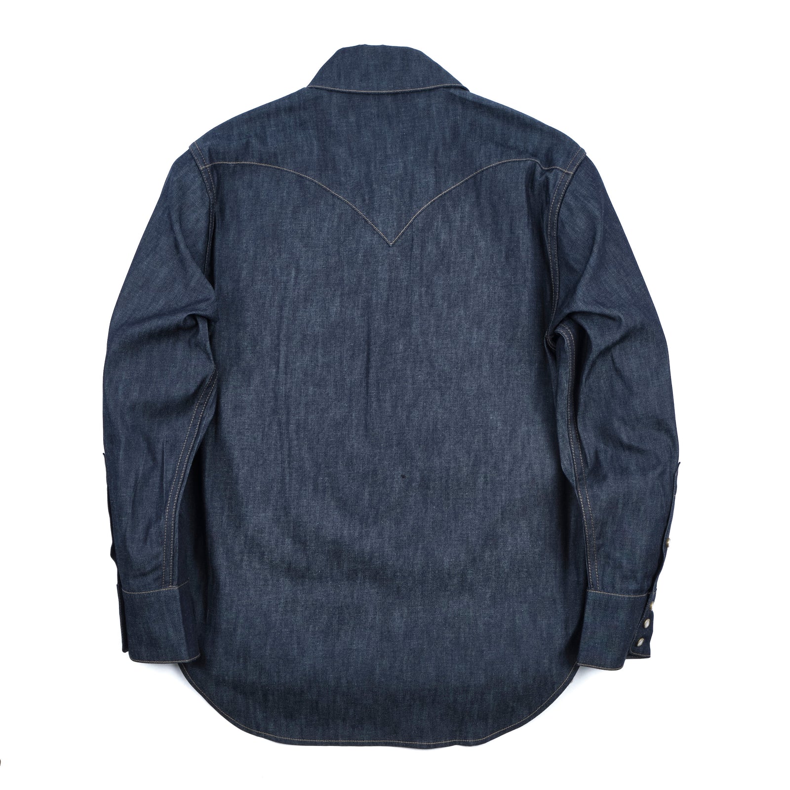 Dark indigo denim western-style shirt with white snaps and two snap chest pockets, laying flat back view