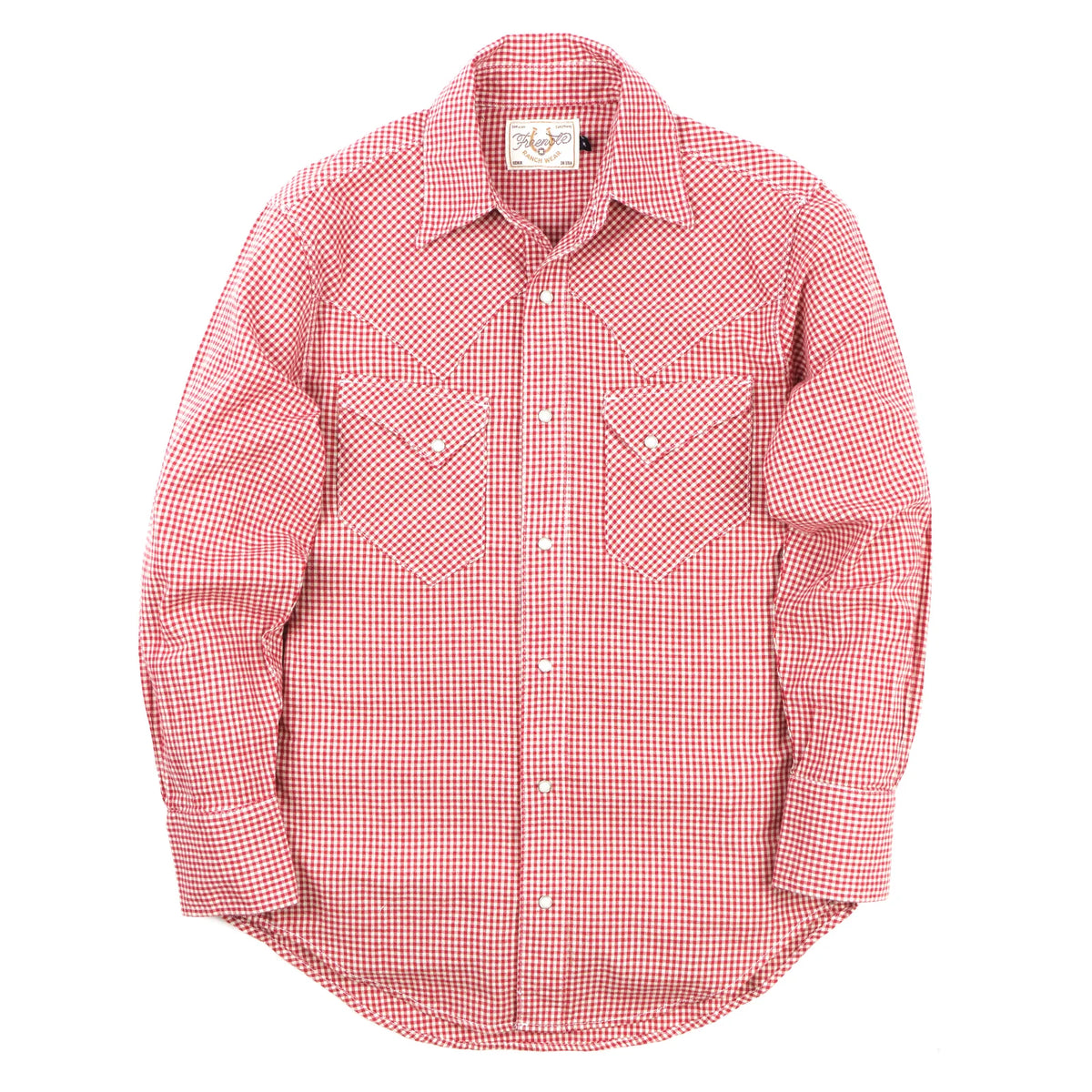 Red and white gingham western-style button-down shirt with two buttoned chest pockets, front view laying flat