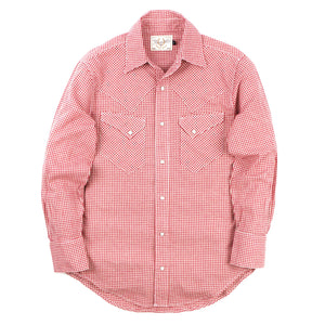 Red and white gingham western-style button-down shirt with two buttoned chest pockets, front view laying flat