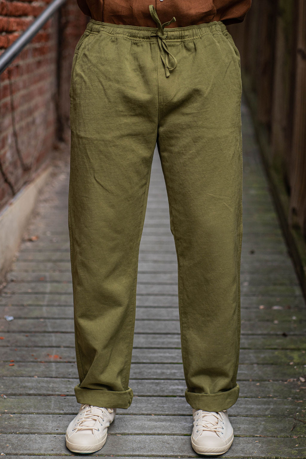 Olive - Cotton - High Rise Trousers for men