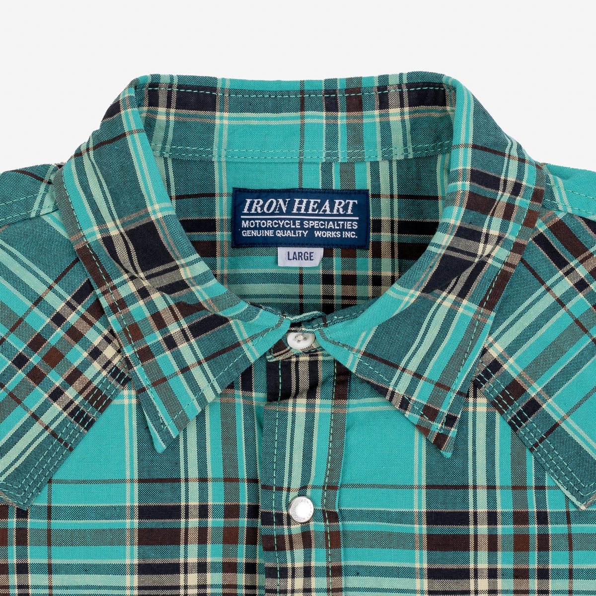 Iron Heart IHSH-359-GRN 5oz Selvedge Madras Check Short Sleeved Western Shirt - Green