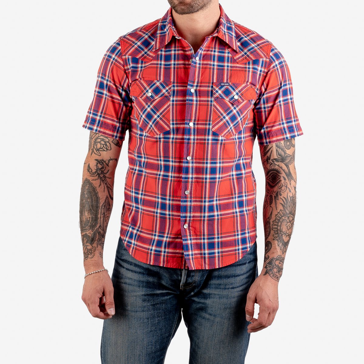 Iron Heart IHSH-359-RED 5oz Selvedge Madras Check Short Sleeved Western Shirt - Red