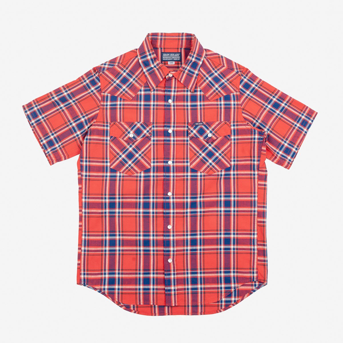 Iron Heart IHSH-359-RED 5oz Selvedge Madras Check Short Sleeved Western Shirt - Red