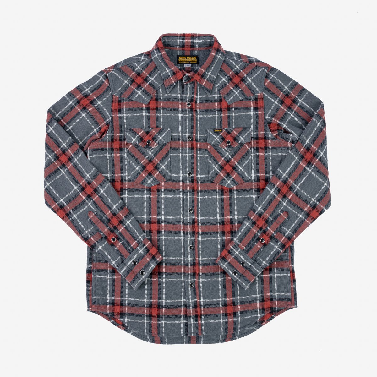 Iron Heart IHSH-369-GRY - 12oz Slubby Heavy Flannel Herringbone Check Western Shirt - Grey