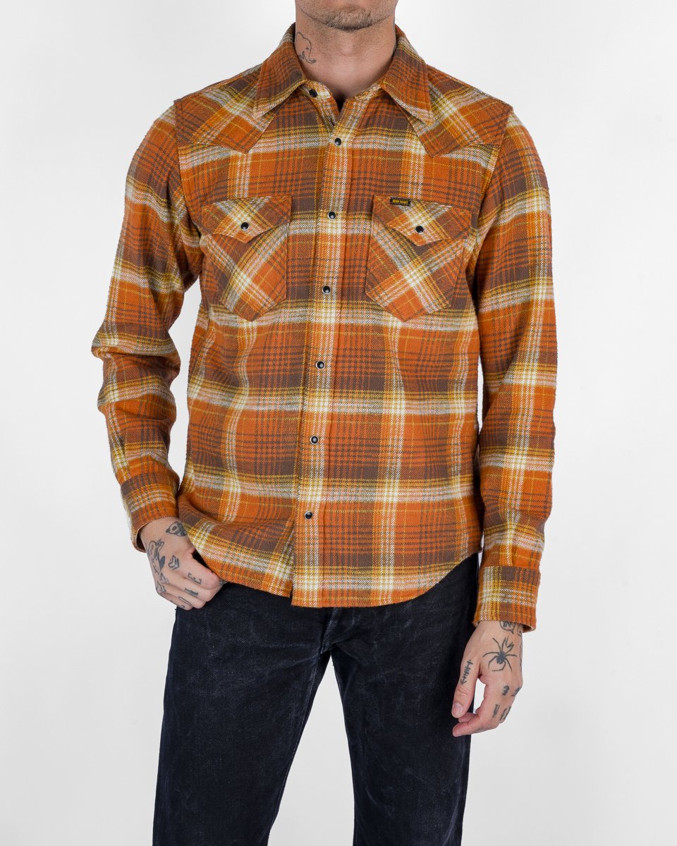 Iron Heart IHSH-399-ORA 12oz Slubby Heavy Flannel Check Western Shirt - Orange